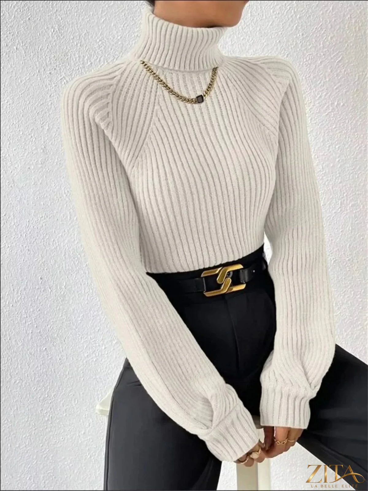 Zita La Belle Elite ribbed knit turtleneck sweater in a cozy, fitted design with a high neckline and textured ribbing.