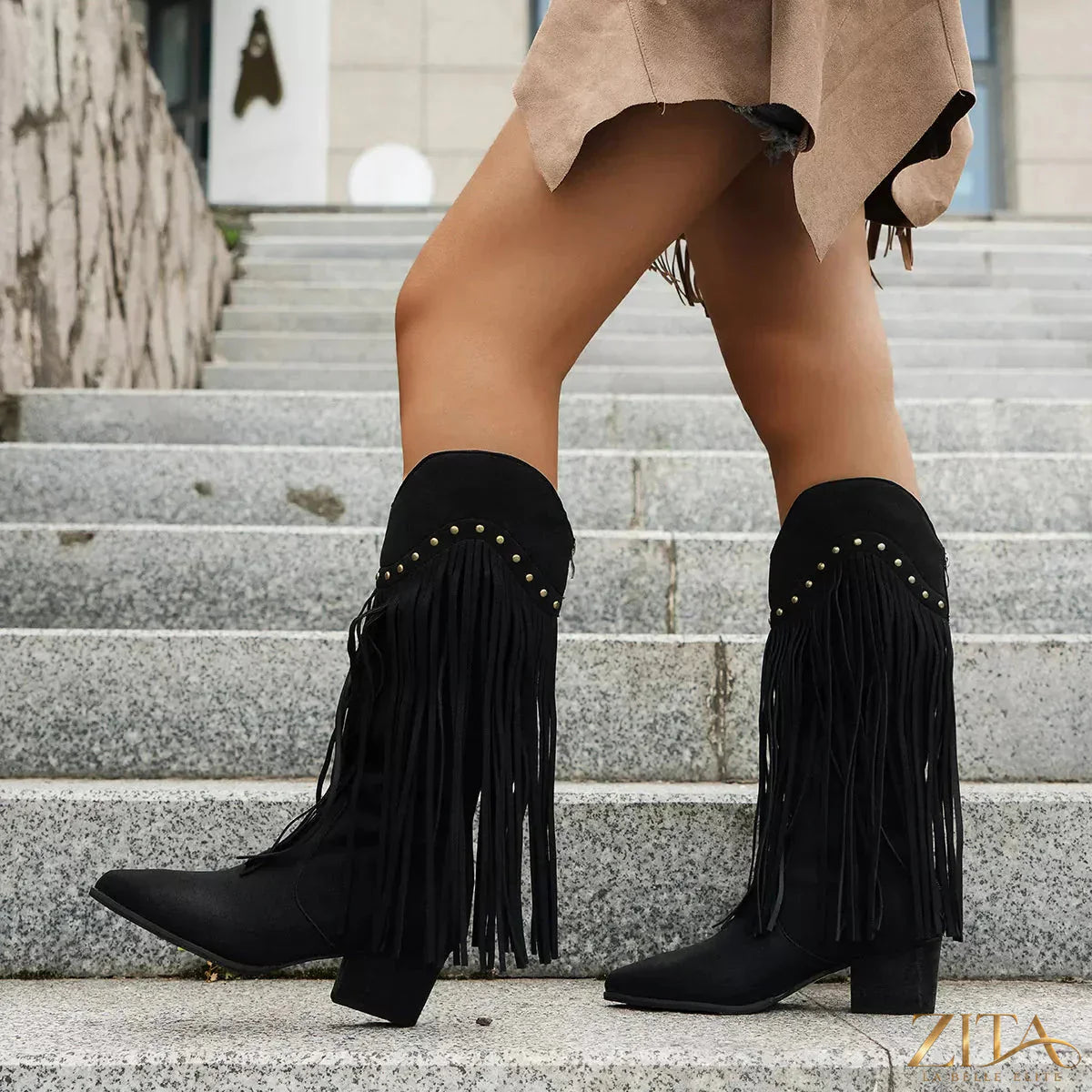 Zita La Belle Elite fringe point toe block heels boots with ankle-high design and stylish fringe detailing.