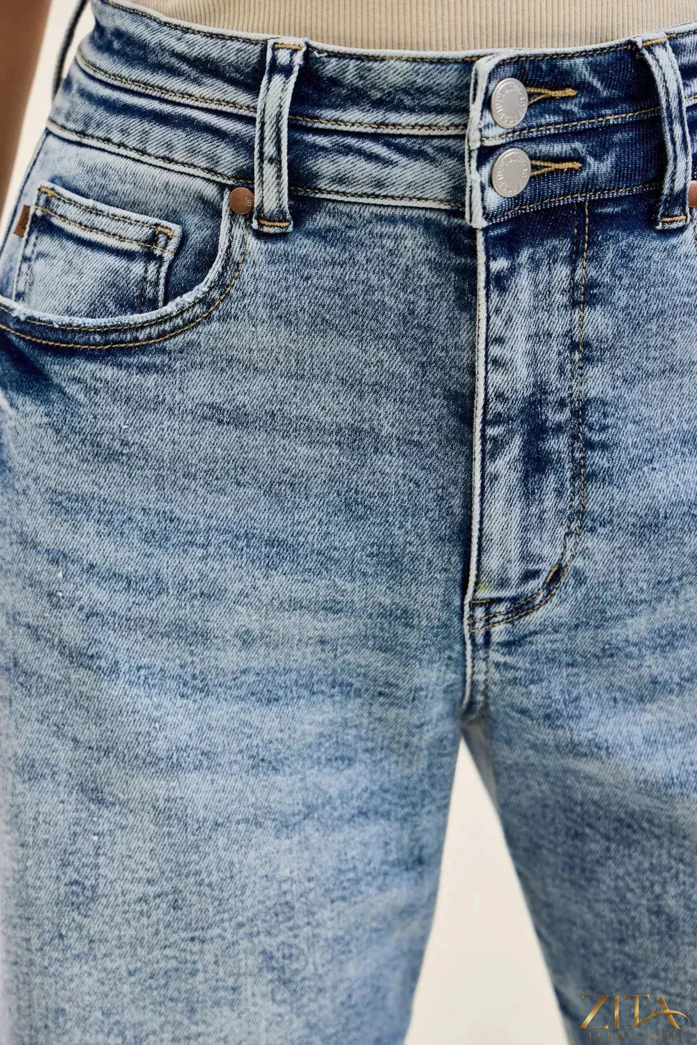 Zita La Belle Elite Judy Blue Marlow Arc Leg jeans with double waistband, showing the stylish fit and unique detailing.