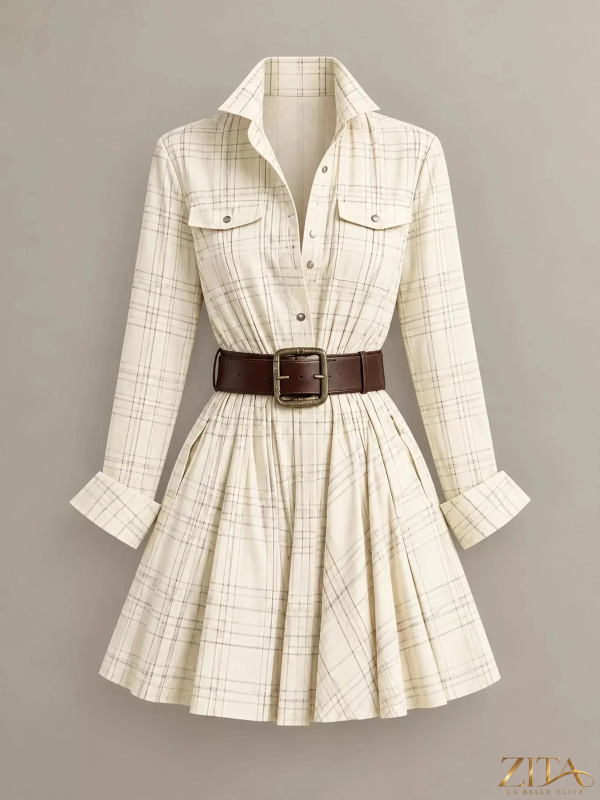 Zita La Belle Elite plaid long-sleeve shirt dress with a classic checkered pattern, button-front design, and collar detail.