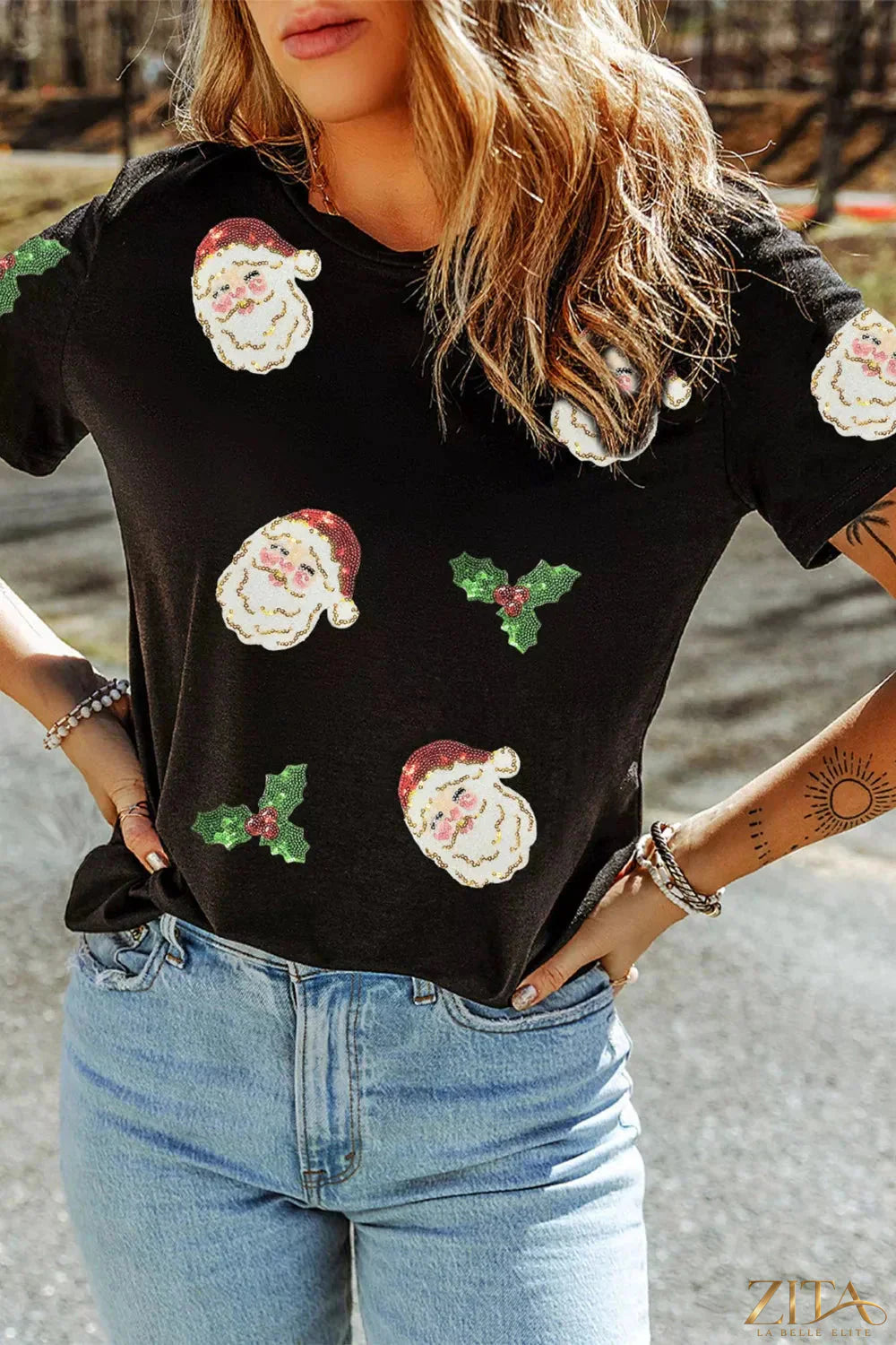Red Christmas Holly Santa Claus sequin patched graphic tee, casual T-shirt with festive holiday design from Trendsi