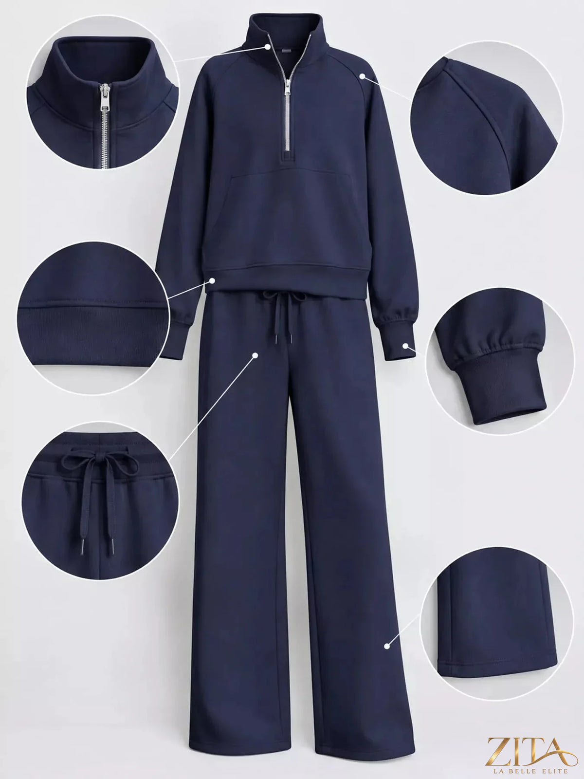 Zita La Belle Elite half-zip sweatshirt and wide-leg pants set, casual loungewear with soft fabric and relaxed fit.