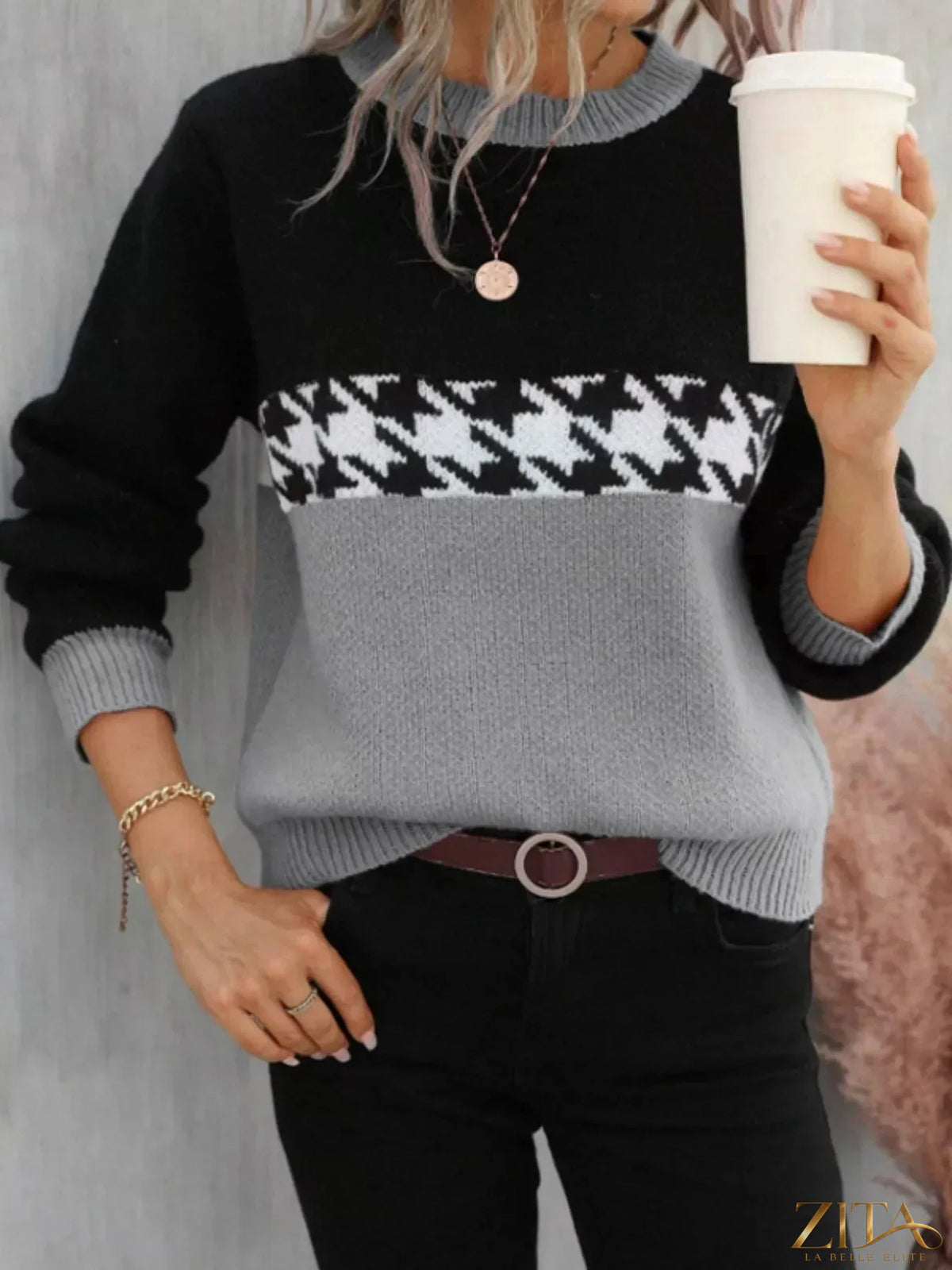 Color block houndstooth sweater in neutral tones, featuring a classic pattern and cozy knit fabric, perfect for casual wear.