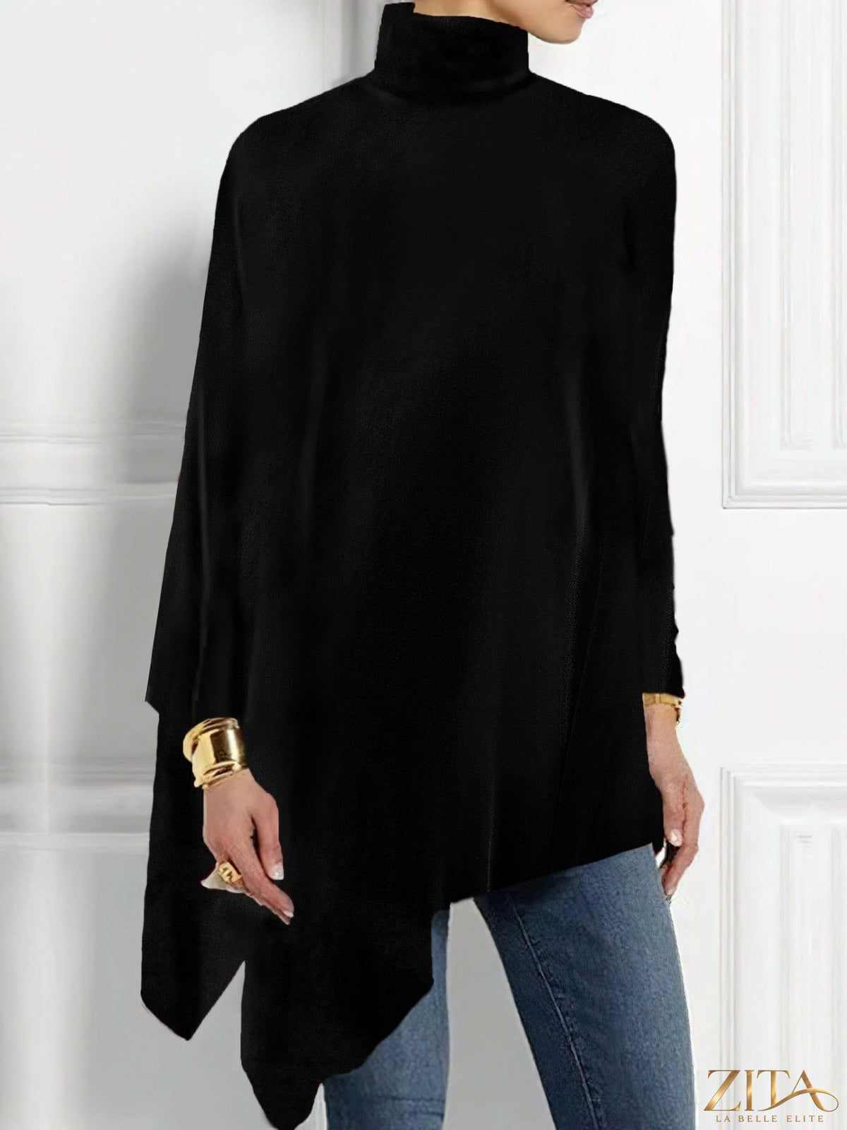 Elegant turtleneck asymmetric hem top by Trendsi, featuring a chic design with a stylish uneven hem and fitted silhouette.