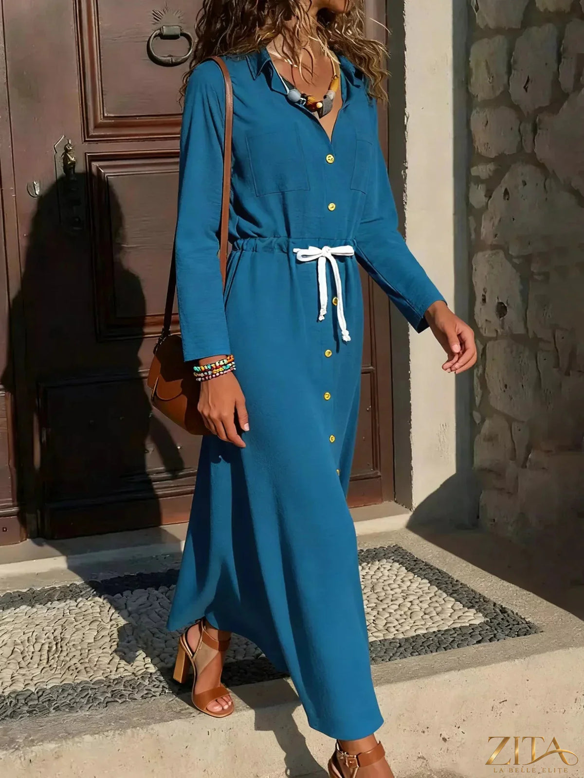 Zita La Belle Elite button-down long sleeve dress in soft fabric, featuring a classic collar and fitted waist.