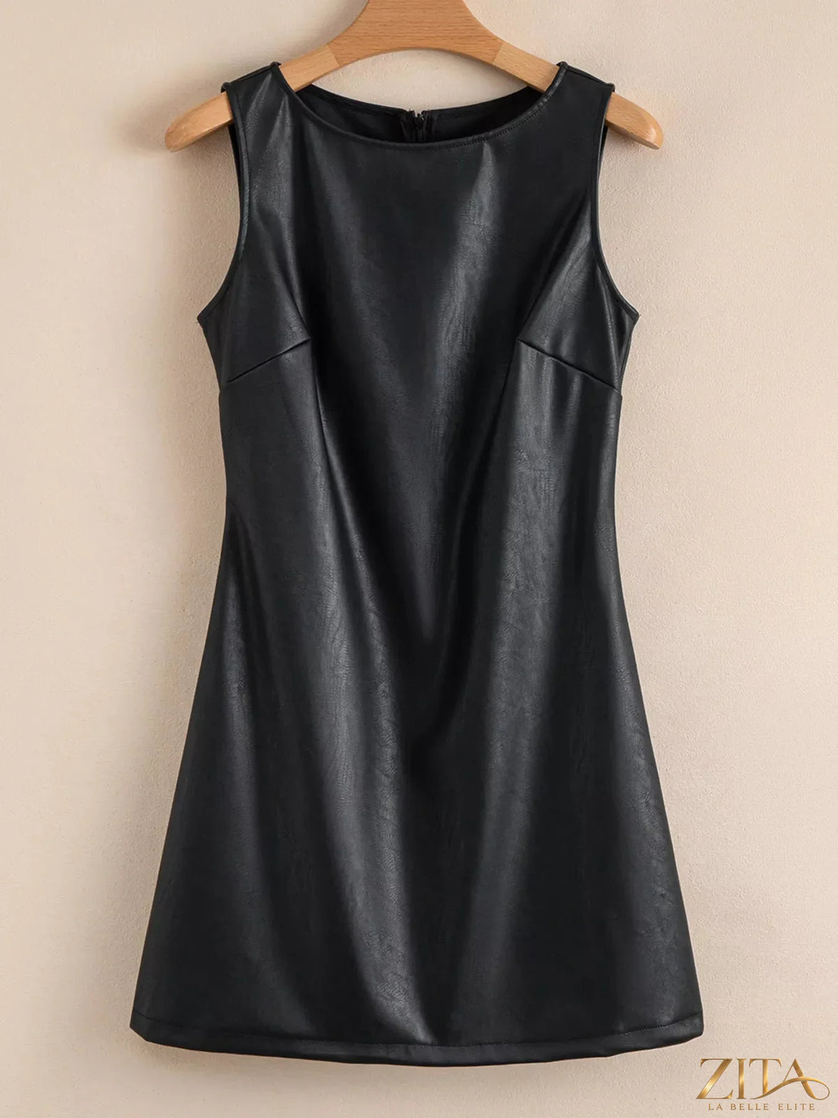 Vegan leather sleeveless mini dress by Zita La Belle Elite, featuring a fitted silhouette and stylish sleeveless design.