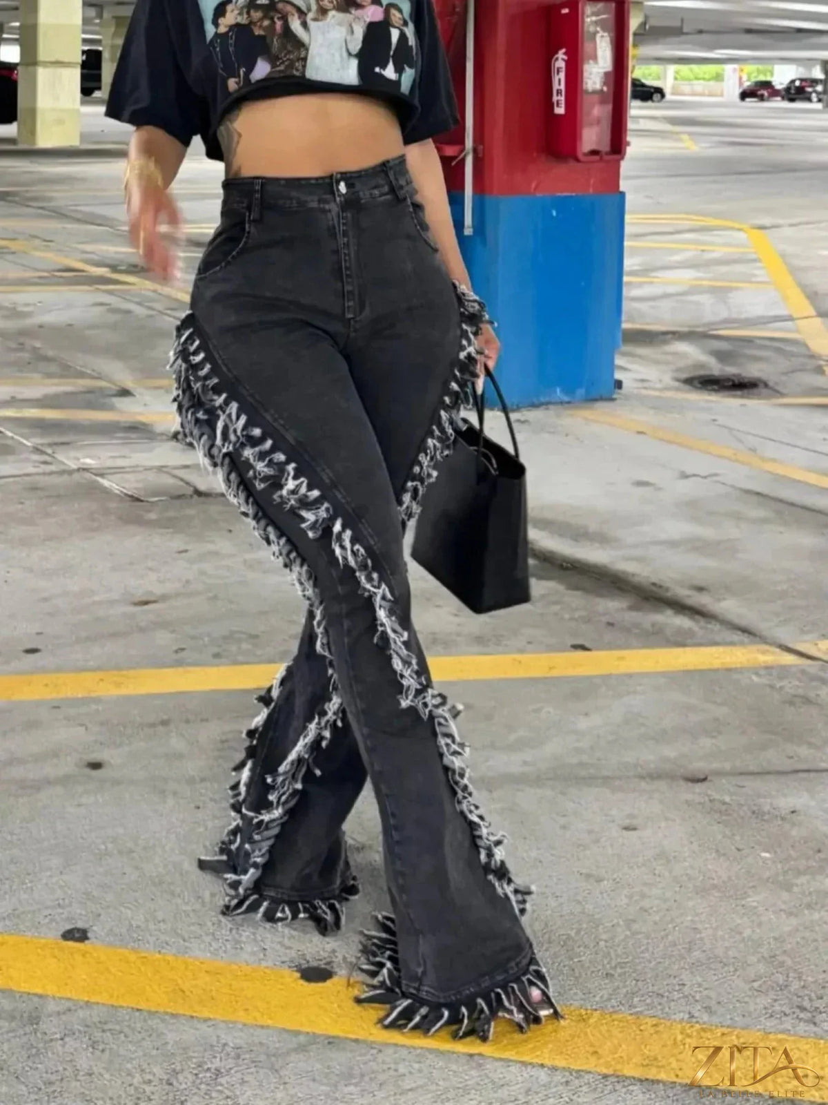 Zita La Belle Elite frayed trim high waist flare jeans showing distressed hem and classic five-pocket design.