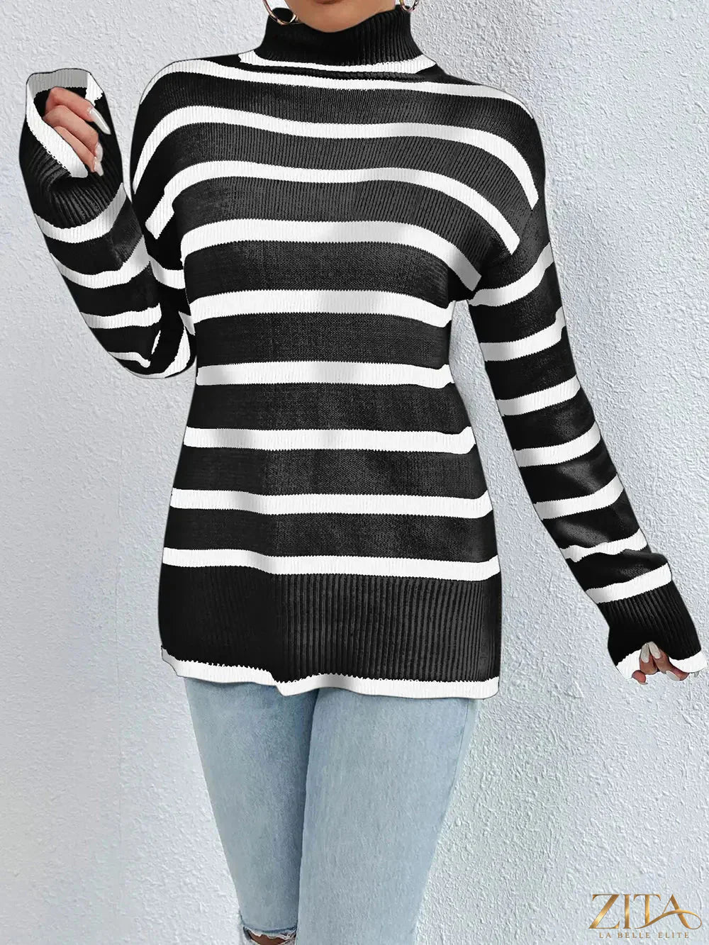 Striped turtleneck long sleeve sweater by Trendsi, featuring a cozy fit and stylish multicolor stripe pattern on soft fabric.