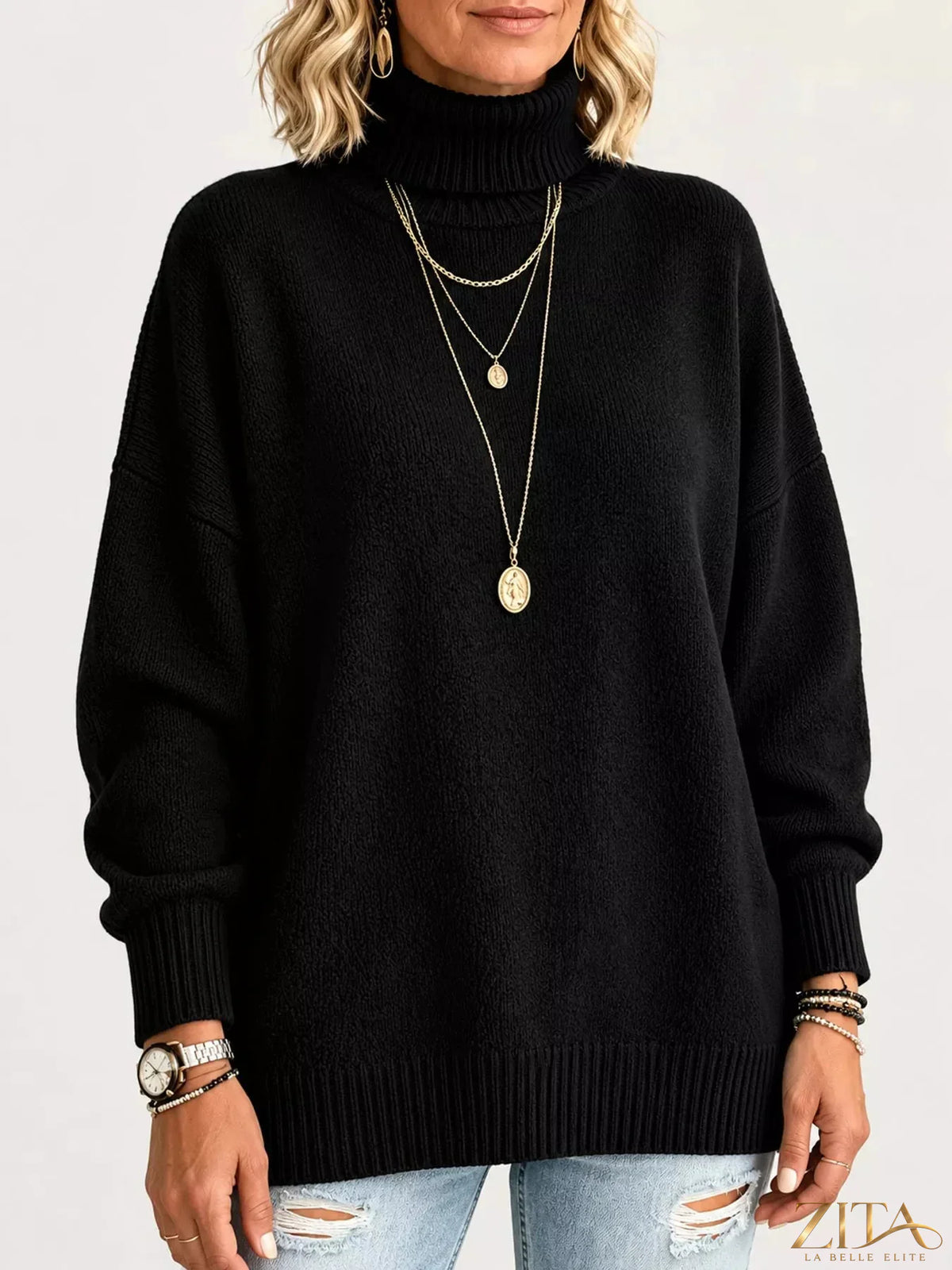 Zita La Belle Elite turtleneck dropped shoulder sweater in cozy knit, featuring a relaxed fit and stylish design.
