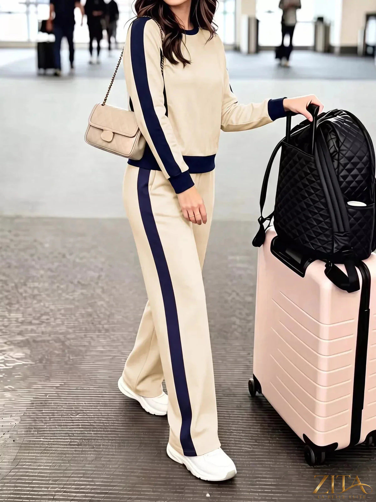 Zita La Belle Elite contrast side stripes top and pants set, stylish casual outfit with black and white design.