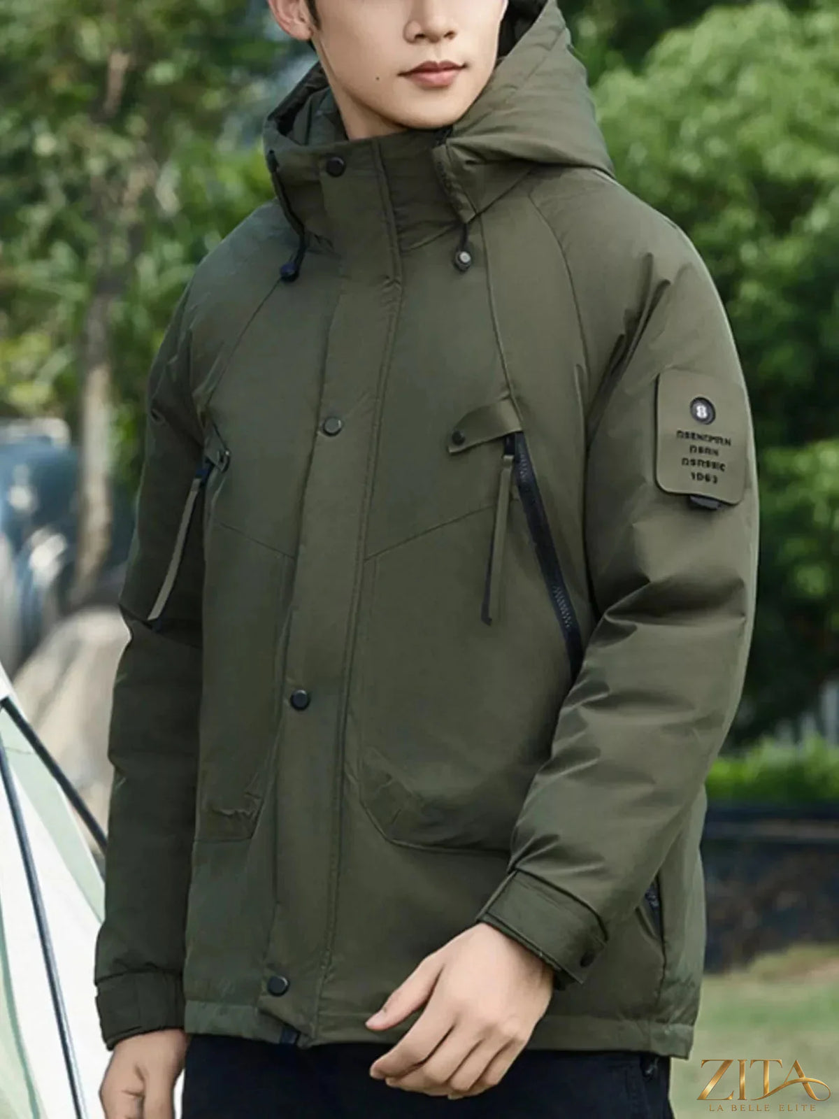 Men's plus size hooded snap-down jacket by Zita La Belle Elite, featuring a front snap closure and a casual, comfortable fit.
