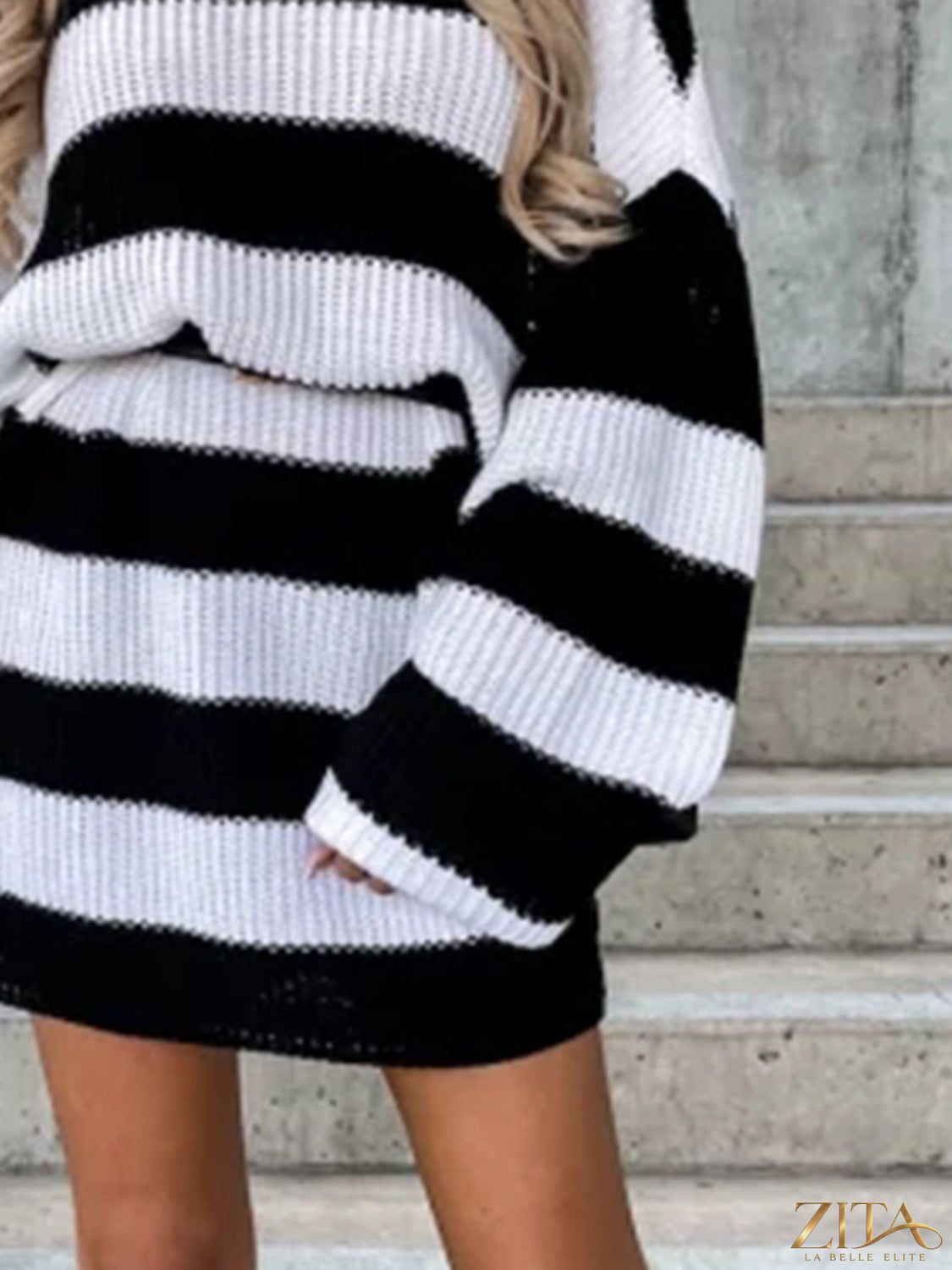 Striped turtleneck sweater dress by Trendsi featuring bold horizontal stripes and a cozy, fitted silhouette.