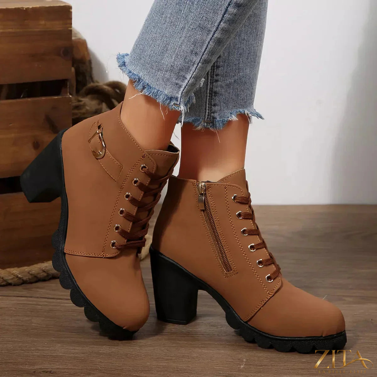 Zita La Belle Elite lace-up buckle chunky heel ankle boots with stylish design and sturdy sole, perfect for fashionable wear.
