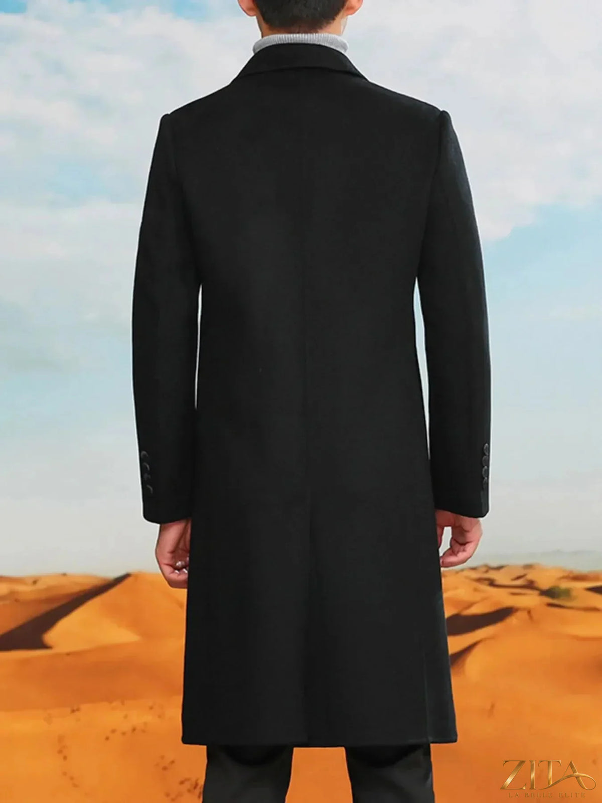 Plus size men's double-breasted longline coat by Zita La Belle Elite, shown hanging with a tailored fit and classic lapels.
