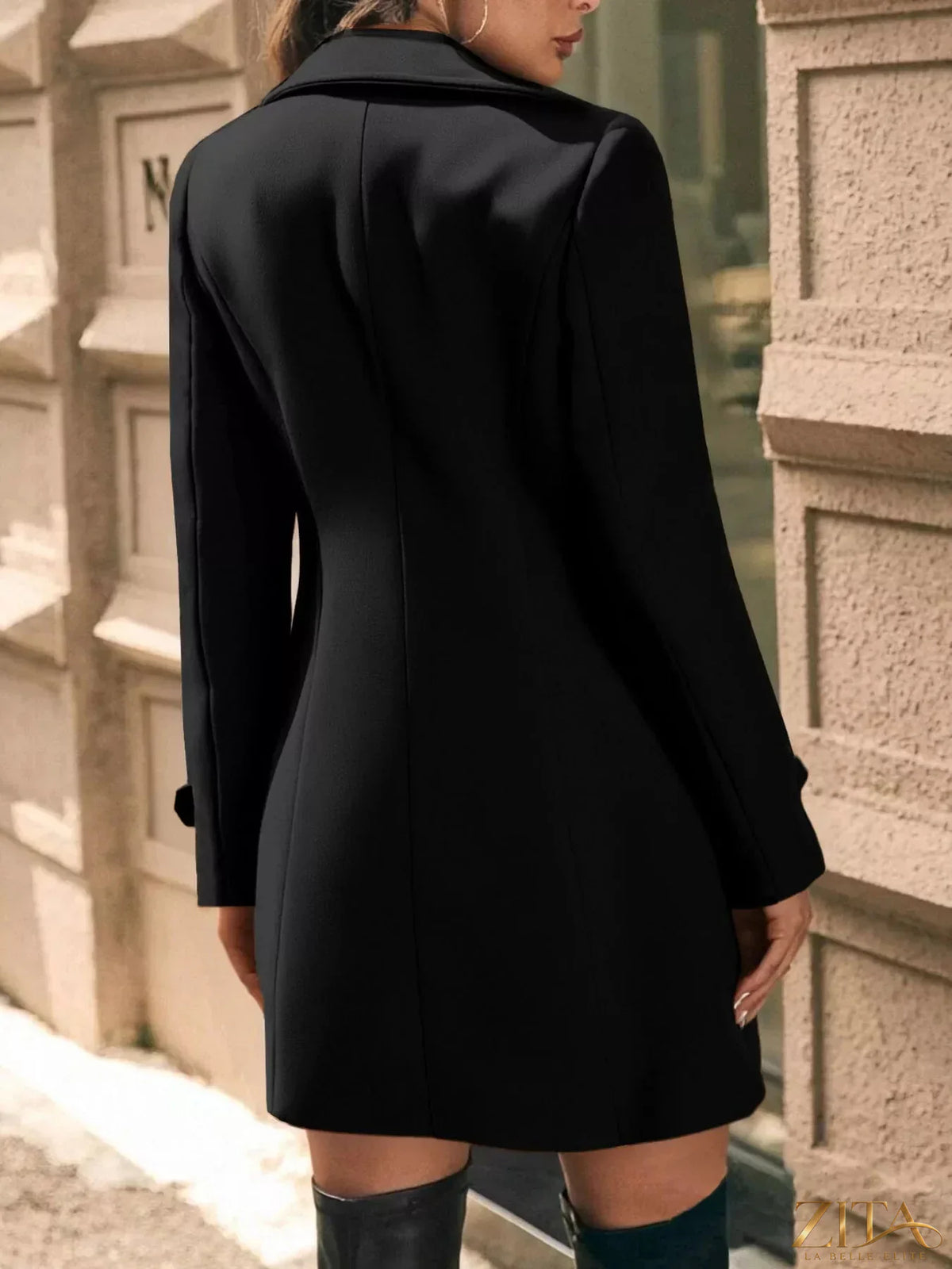 Zita La Belle Elite double-breasted wool blend overcoat draped on a mannequin, showcasing classic style and tailored fit.