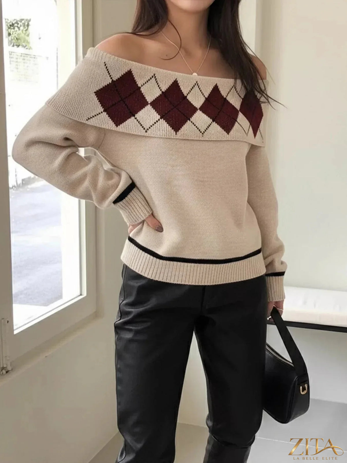 Off-shoulder argyle pattern sweater in pastel colors from Trendsi, featuring a cozy fit and stylish design.