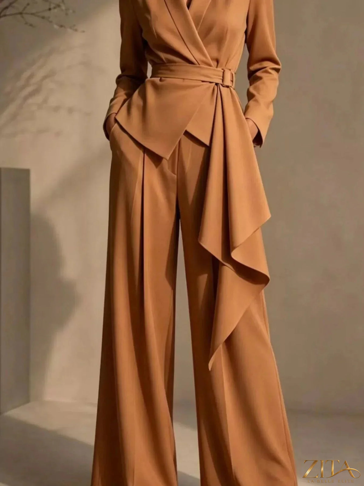 Plus size Zita La Belle Elite belted blazer and wide-leg pants set, featuring a tailored blazer and flowy pants in a stylish coordinated look.