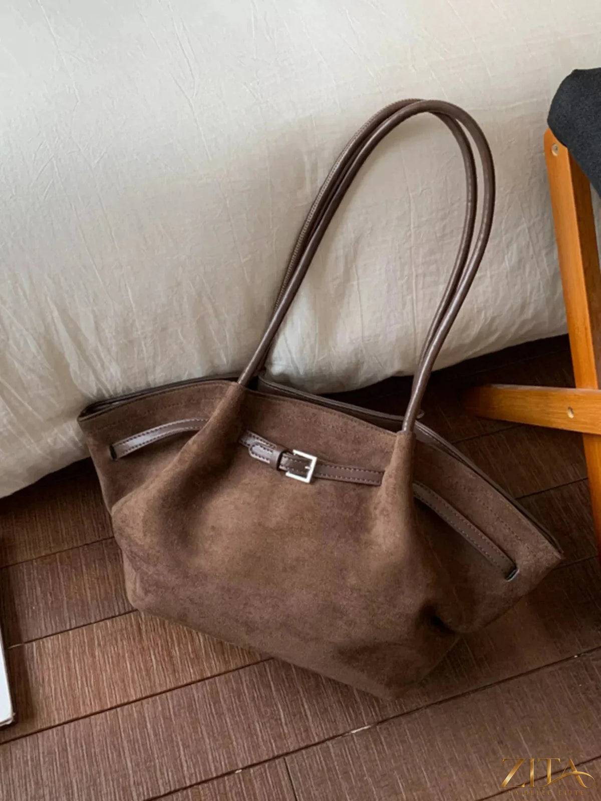 Zita La Belle Elite solid color buckle tote bag with structured design and top handles, stylish accessory for everyday use.