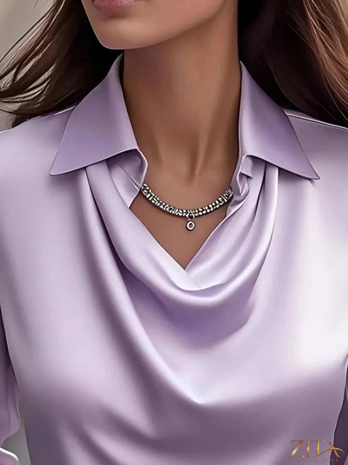 Zita La Belle Elite satin collar long sleeve blouse shown in the image, featuring smooth fabric and elegant design details.