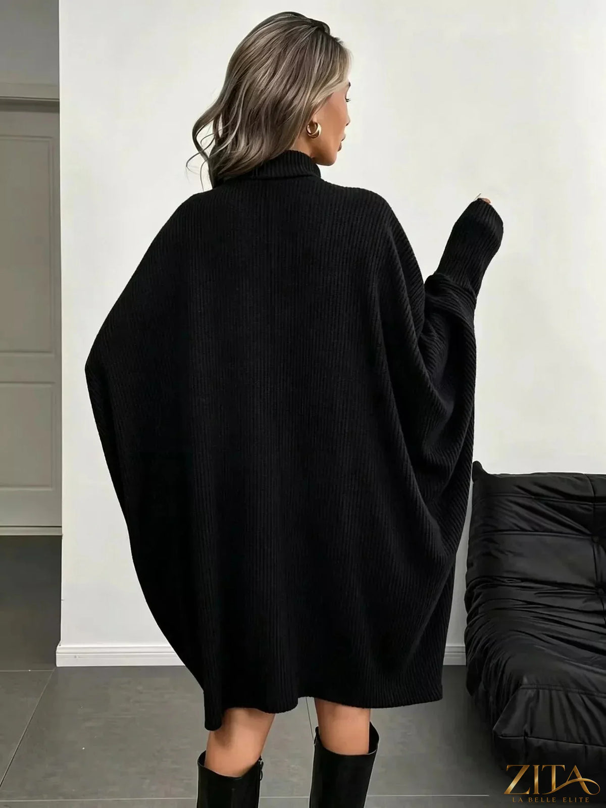 Zita La Belle Elite oversized batwing sleeve ribbed knit turtleneck dress, black, featuring a relaxed fit and textured fabric.