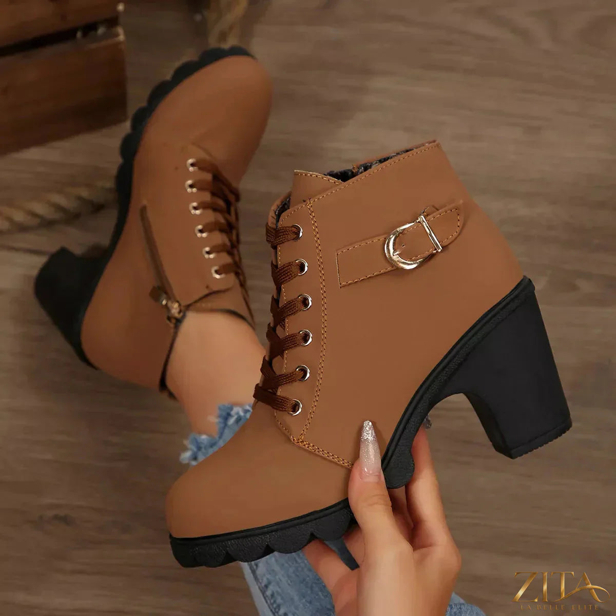 Zita La Belle Elite lace-up block heel boots with stylish design and sturdy sole, shown in a side view.