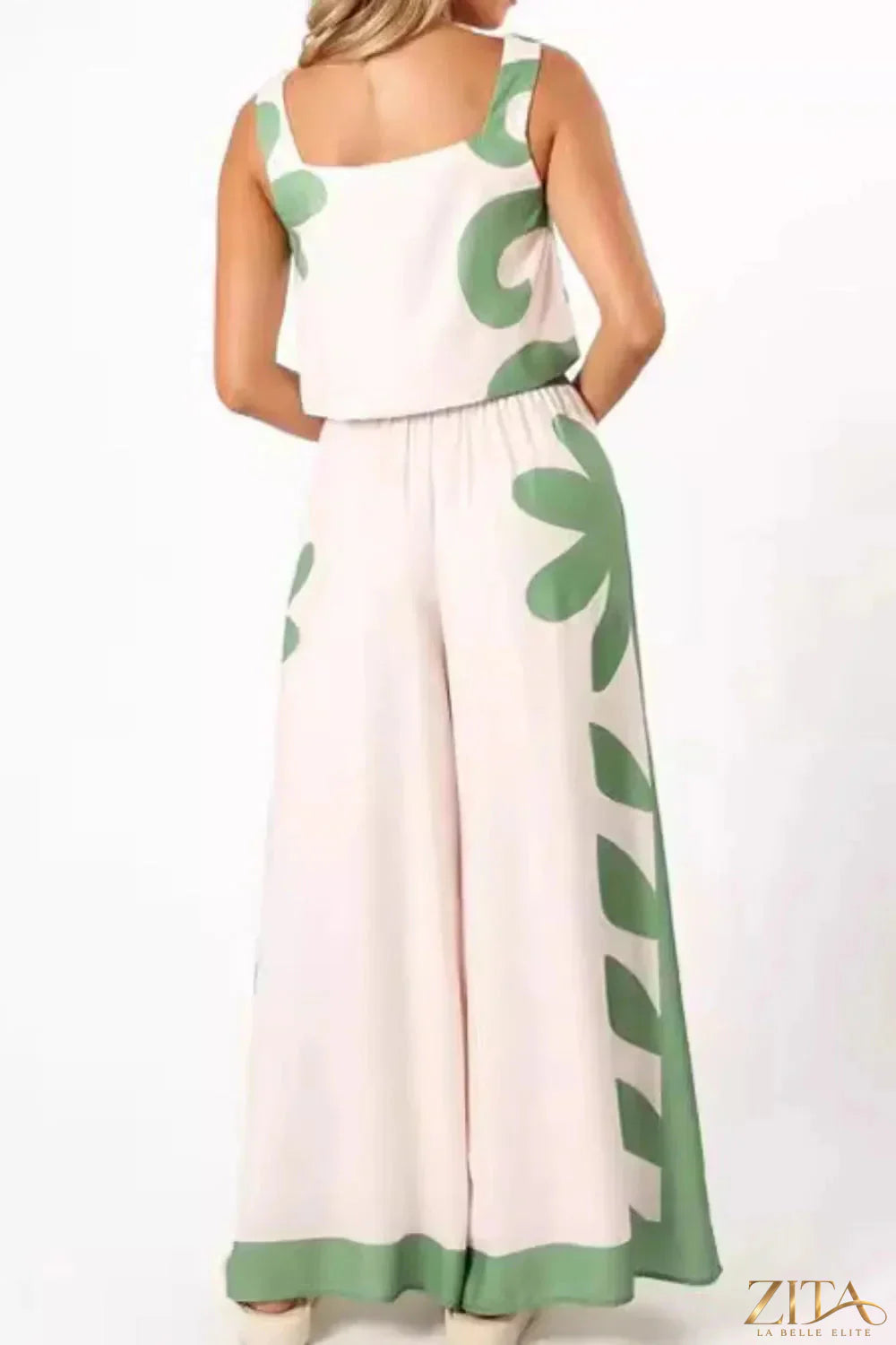 Zita La Belle Elite leaf print tank top and pants set, stylish summer outfit with green leaf patterns, casual and comfortable fit.