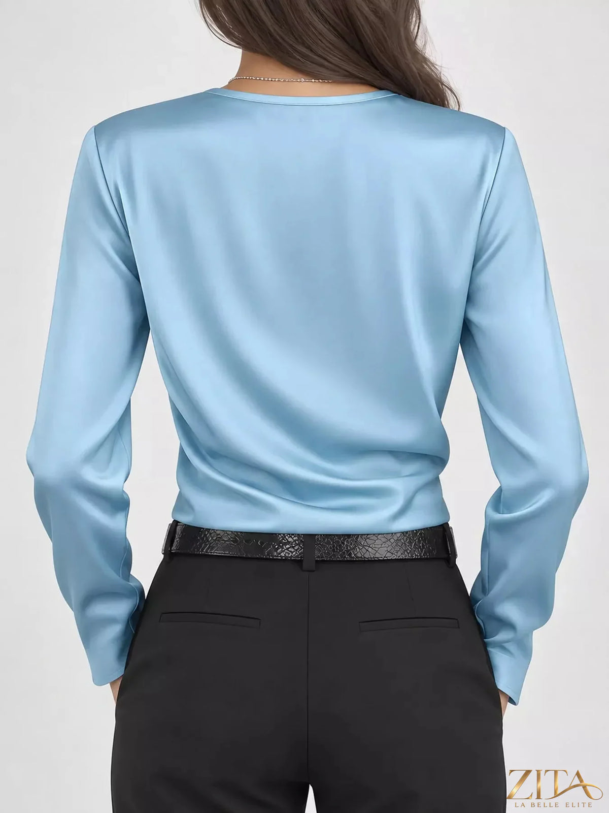 Zita La Belle Elite satin surplice long sleeve blouse with a V-neck, elegant fit, and smooth fabric in a stylish design.