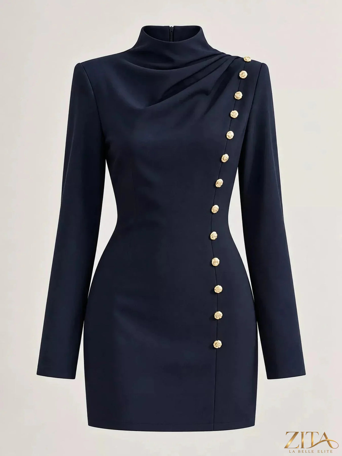 Plus size full size decorative button mock neck mini dress by Zita La Belle Elite, featuring a stylish mock neck and decorative buttons.