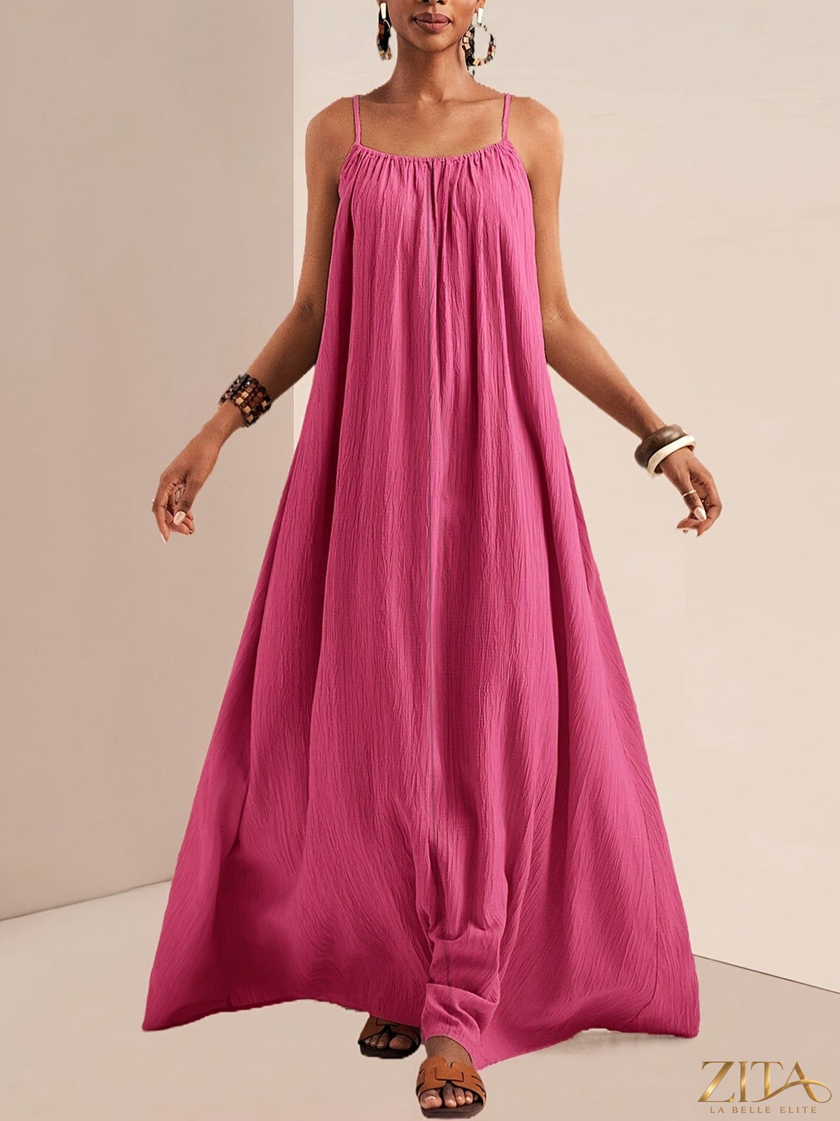 Zita La Belle Elite spaghetti strap flowy maxi dress with a fitted bodice and long skirt, lightweight and elegant for summer wear.