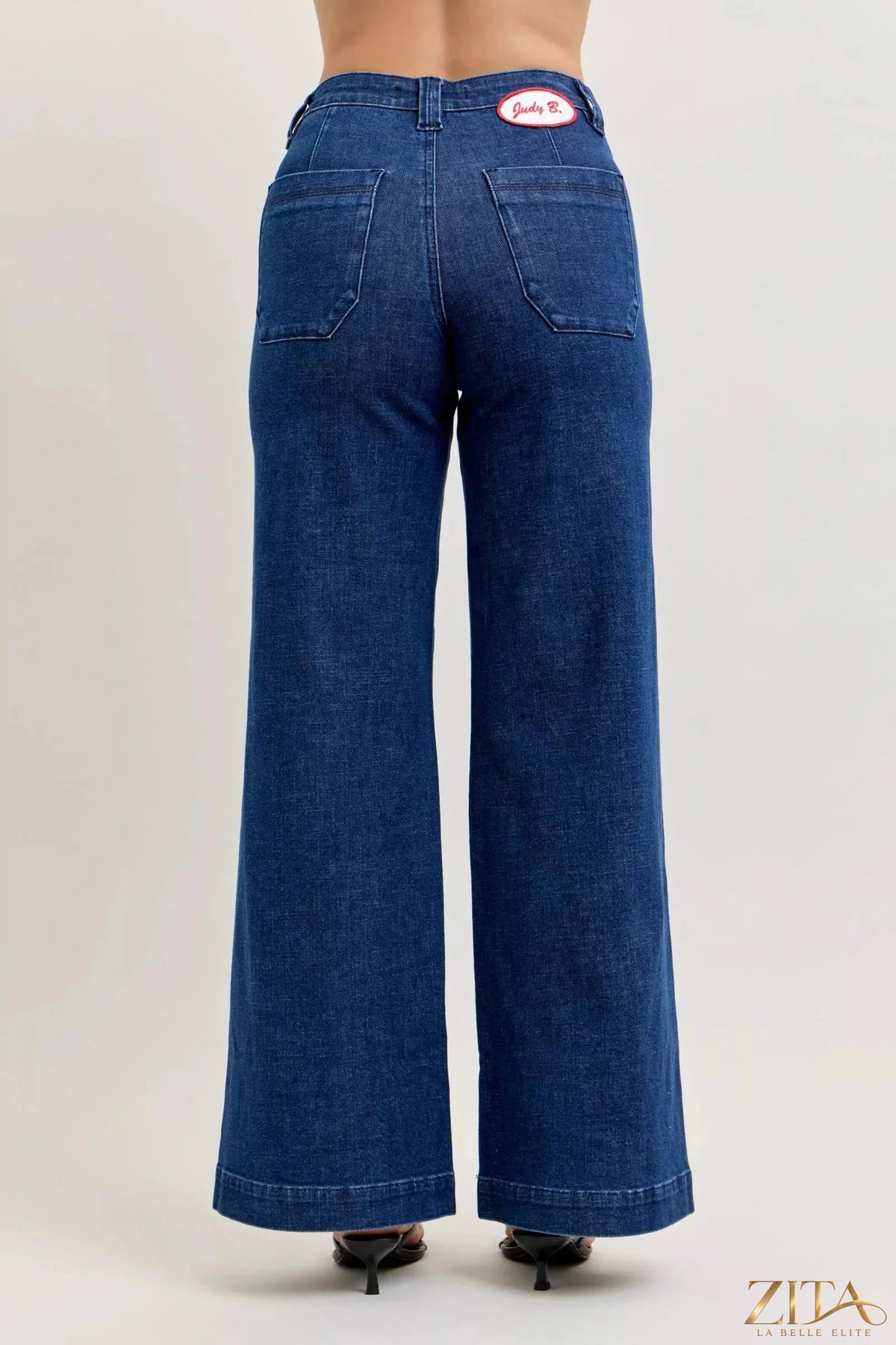 Zita La Belle Elite Judy Blue high-waisted retro wide-leg jeans displayed with front pockets and vintage denim texture.
