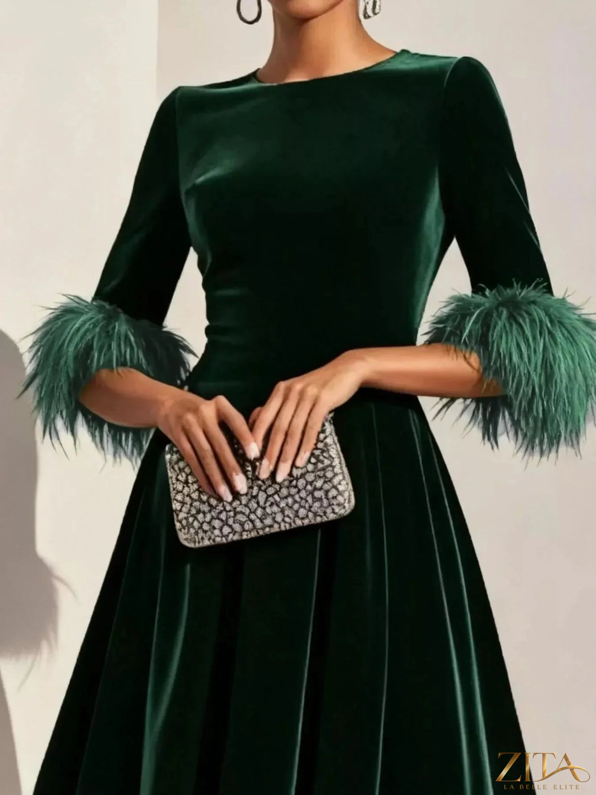 Zita La Belle Elite velvet midi dress with feather cuffs, elegant evening dress featuring a fitted silhouette and soft fabric.