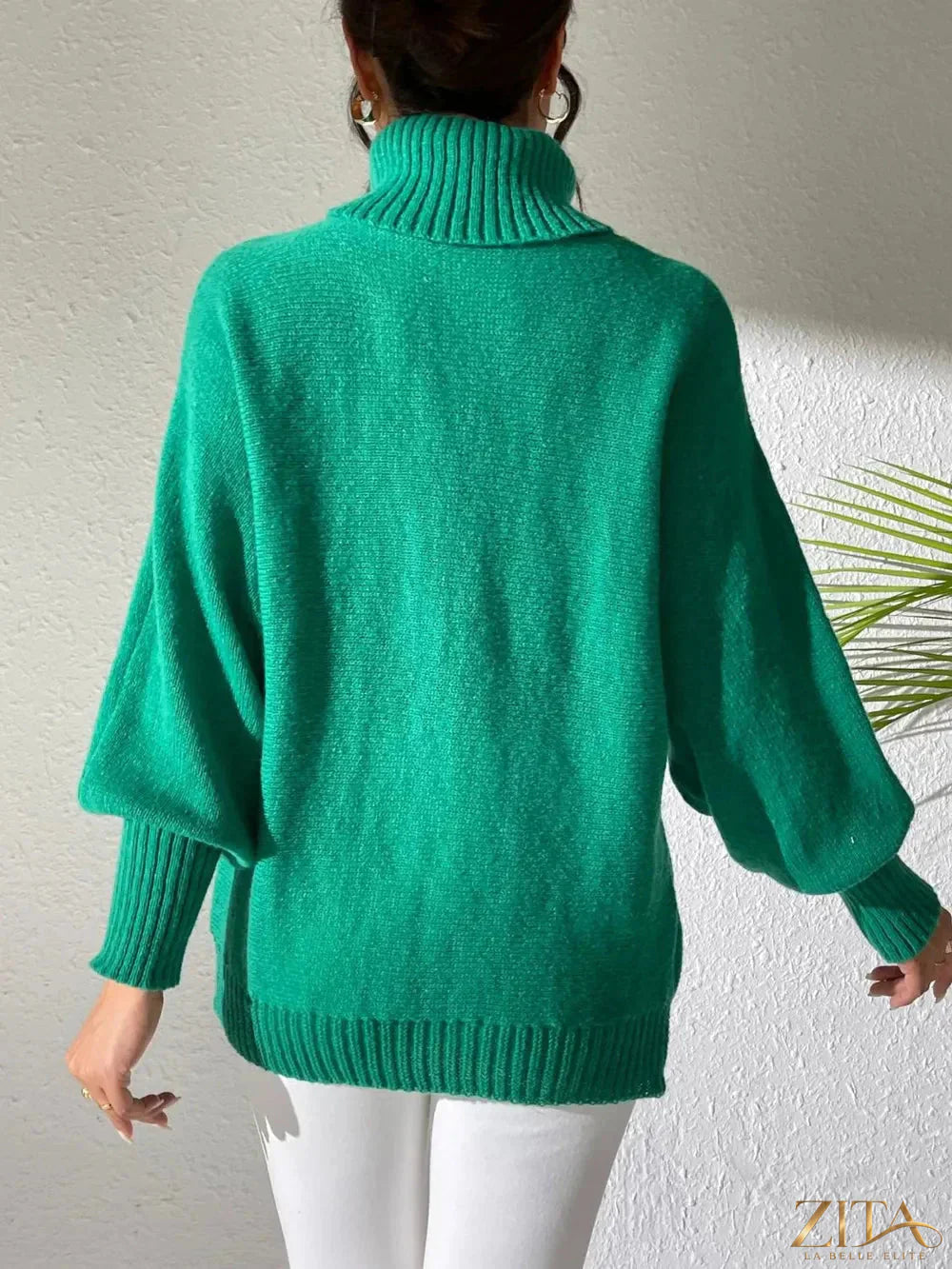 Zita La Belle Elite long sleeve turtleneck sweater in cozy knit fabric, fitted design, in a neutral color.