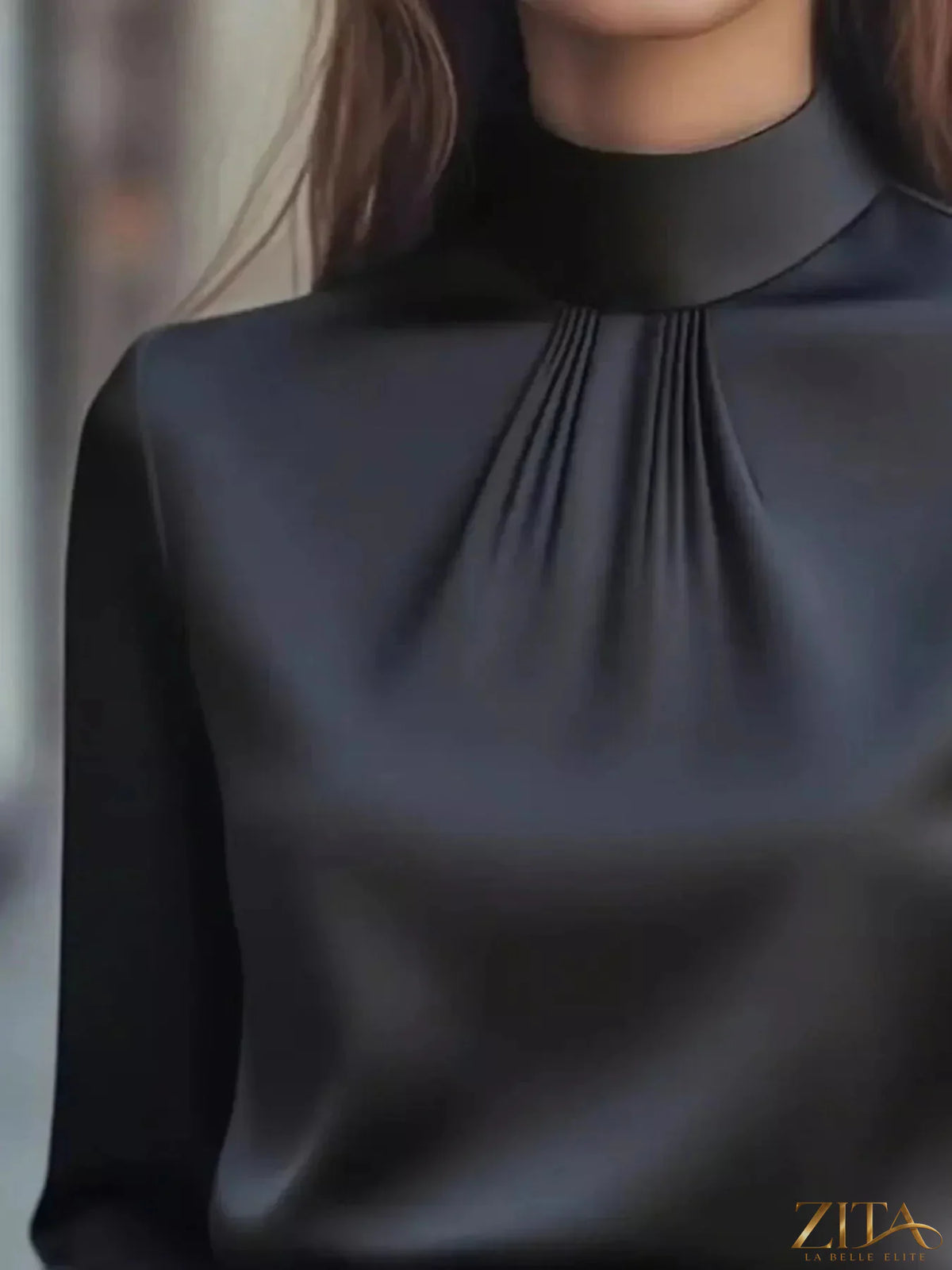 Zita La Belle Elite mock neck long sleeve blouse with pleated details, featuring a stylish and elegant design.