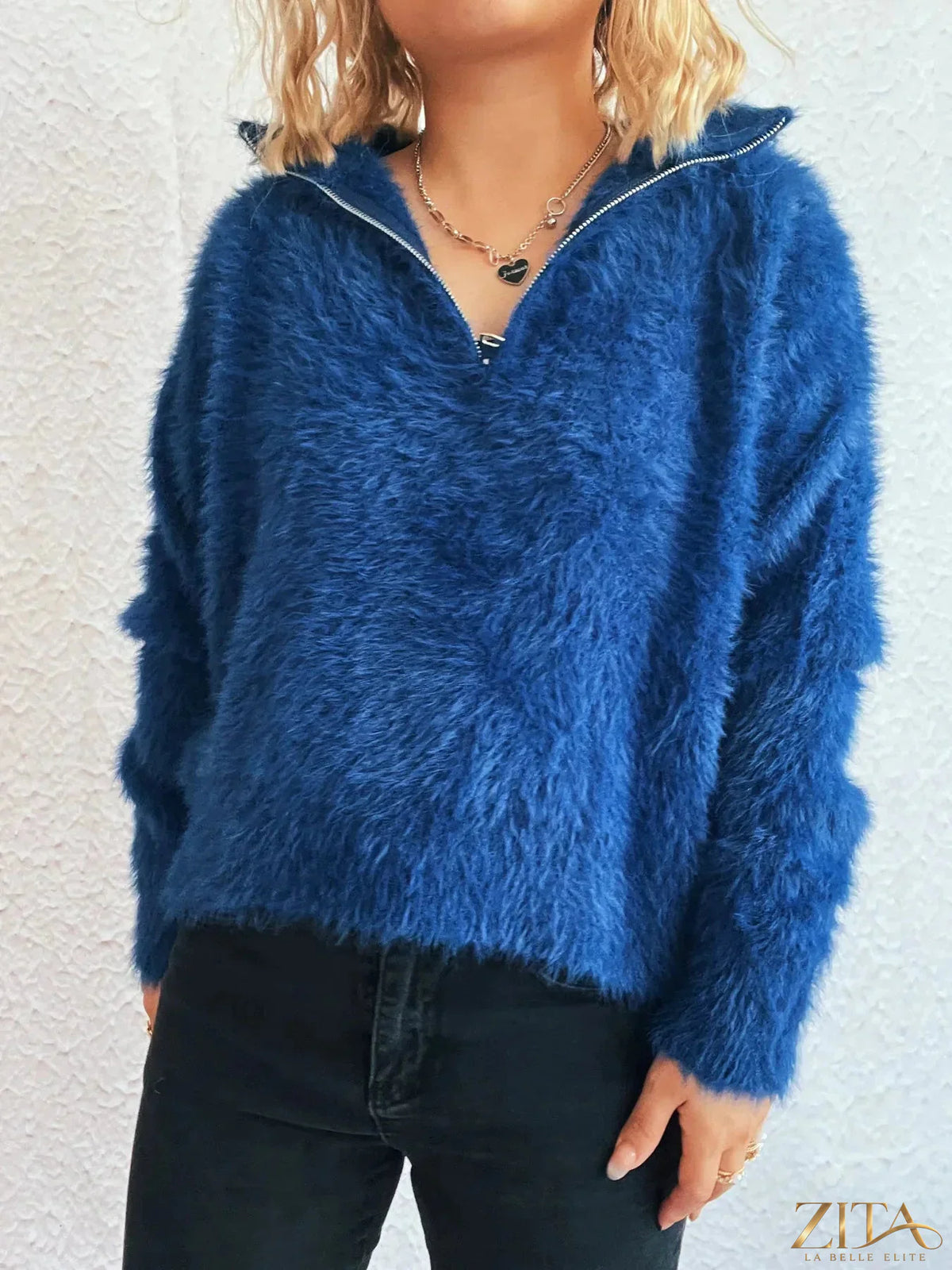 Zita La Belle Elite cozy fuzzy half-zip sweater in soft pastel with ribbed cuffs and collar, front zipper, and relaxed fit.