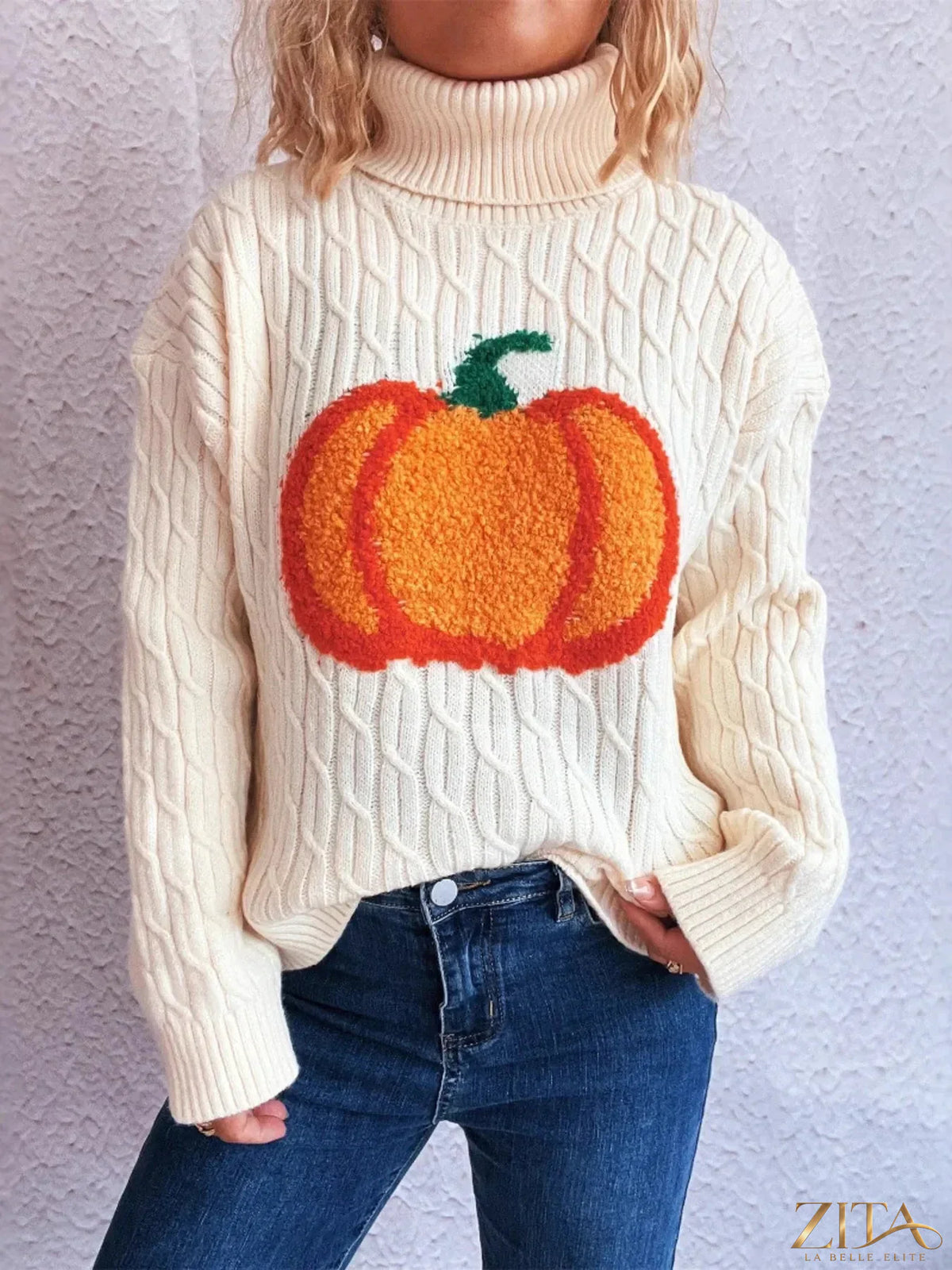 Pumpkin-colored turtleneck long sleeve sweater by Trendsi, featuring a cozy knit design and fitted silhouette.