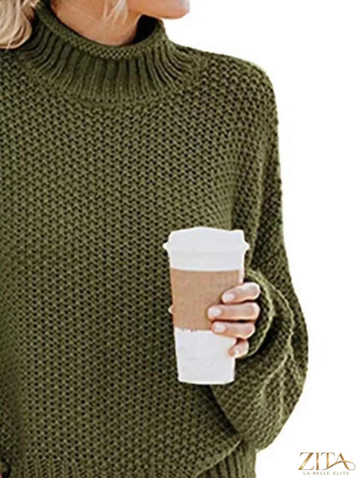 Zita La Belle Elite chunky knit turtleneck sweater in beige with a thick, cozy collar and textured knit pattern.