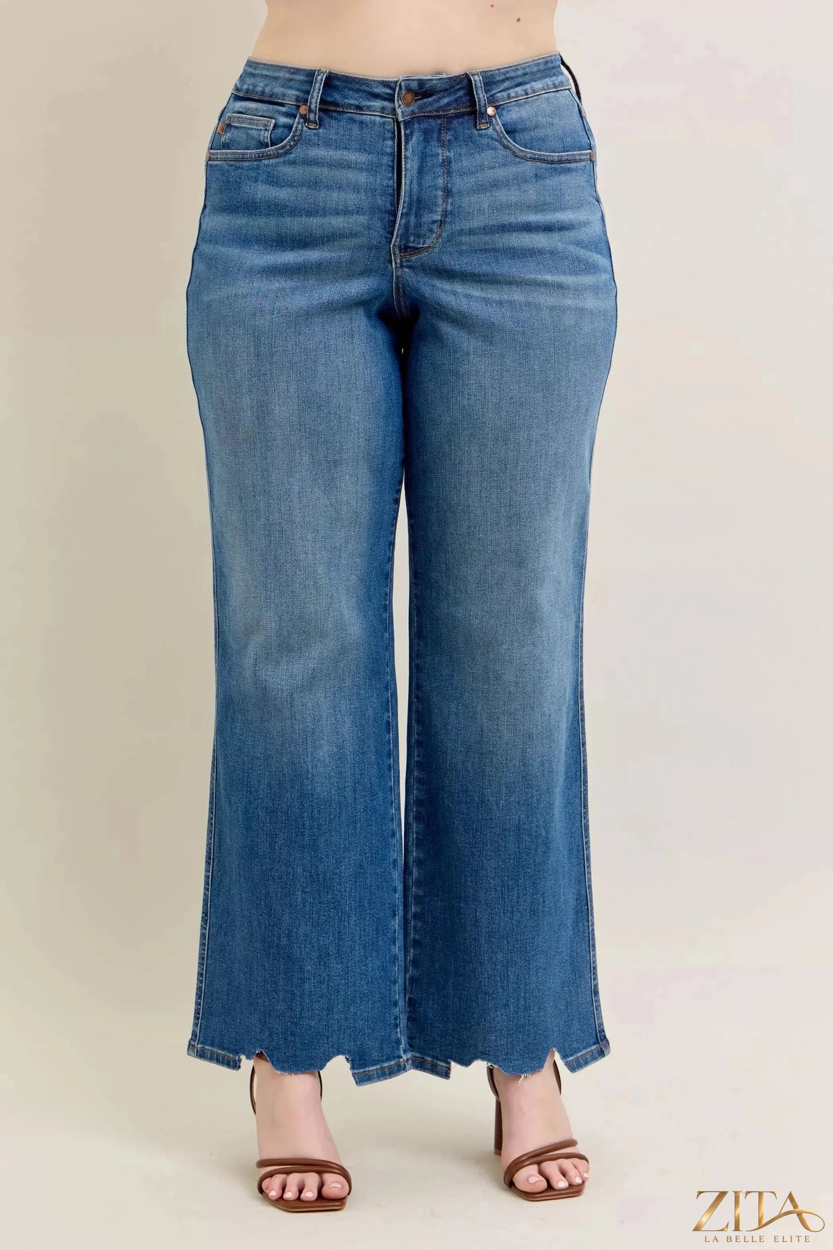 Zita La Belle Elite Judy Blue distressed wide jeans with tummy control, featuring a high waist and distressed denim design.