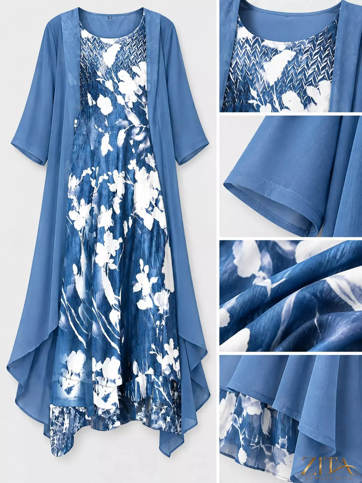 Plus size Zita La Belle Elite floral print midi dress with chiffon cardigan set, showcasing vibrant pattern and elegant style.