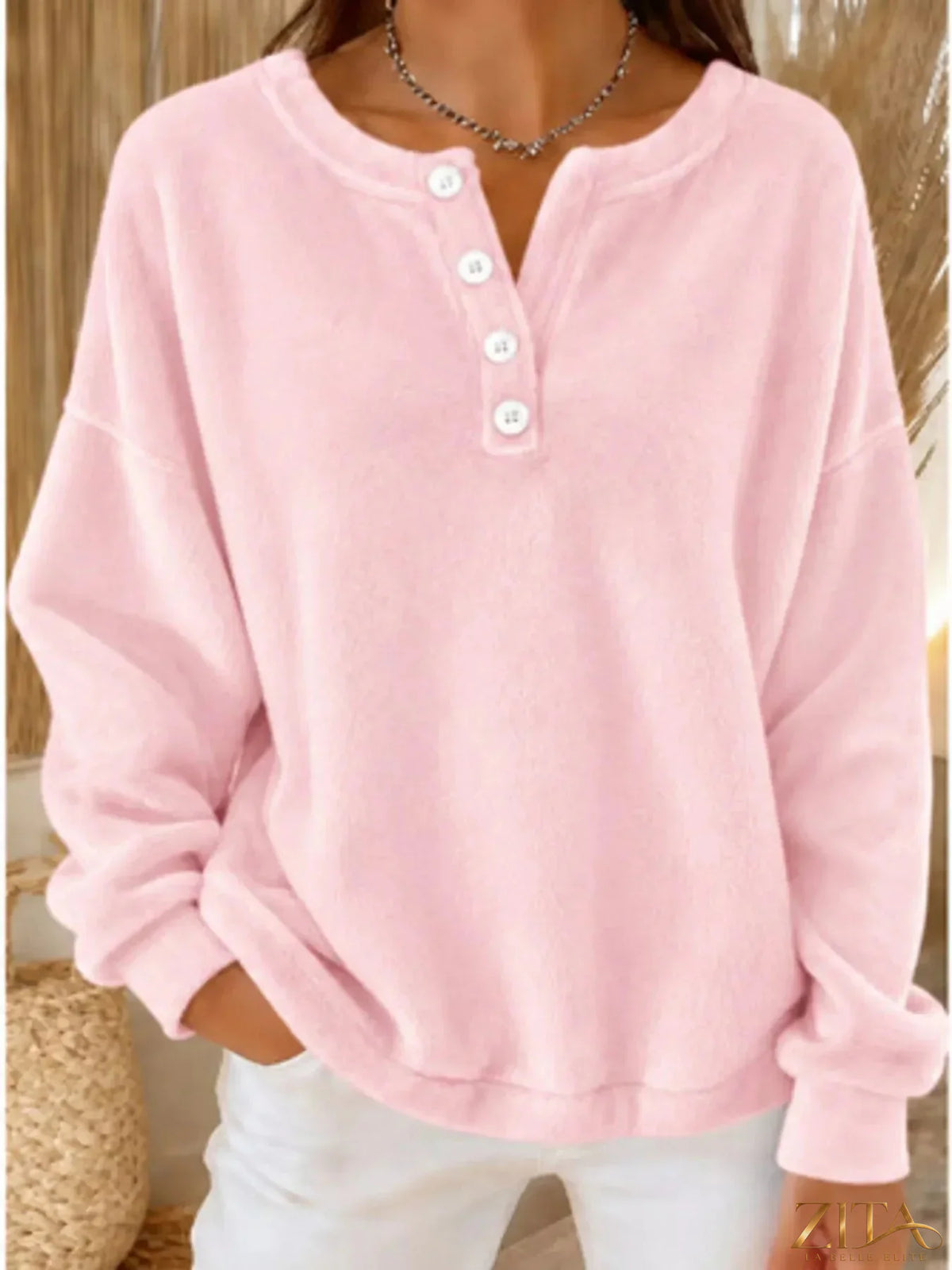 Zita La Belle Elite button detail dropped shoulder sweatshirt in soft fabric, featuring relaxed fit and stylish design.