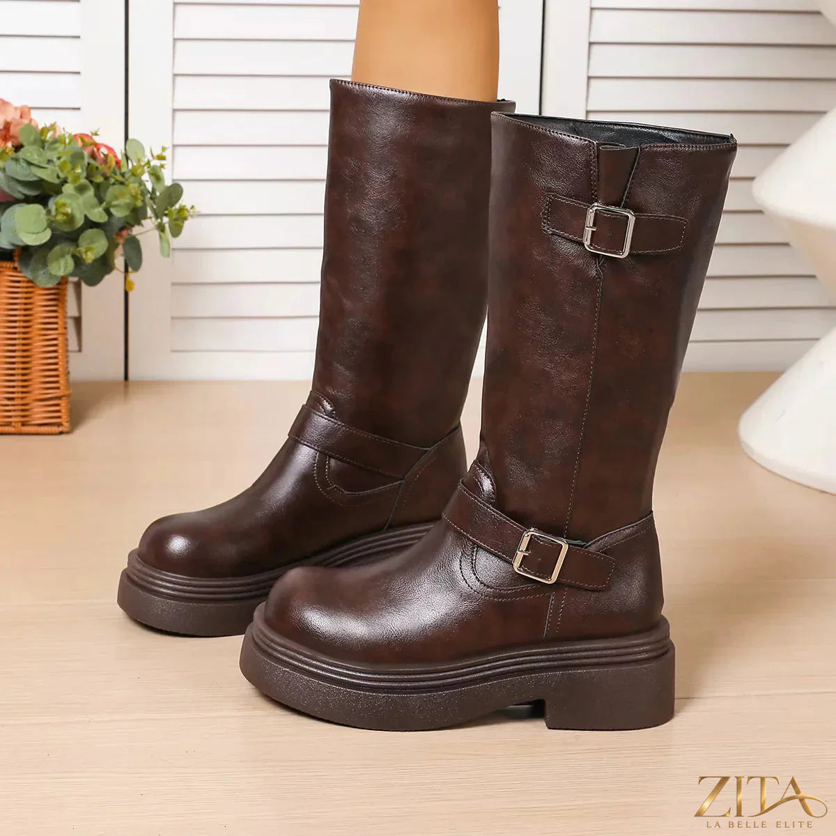 Zita La Belle Elite round toe platform boots with chunky heels and smooth leather finish, stylish footwear for modern fashion.