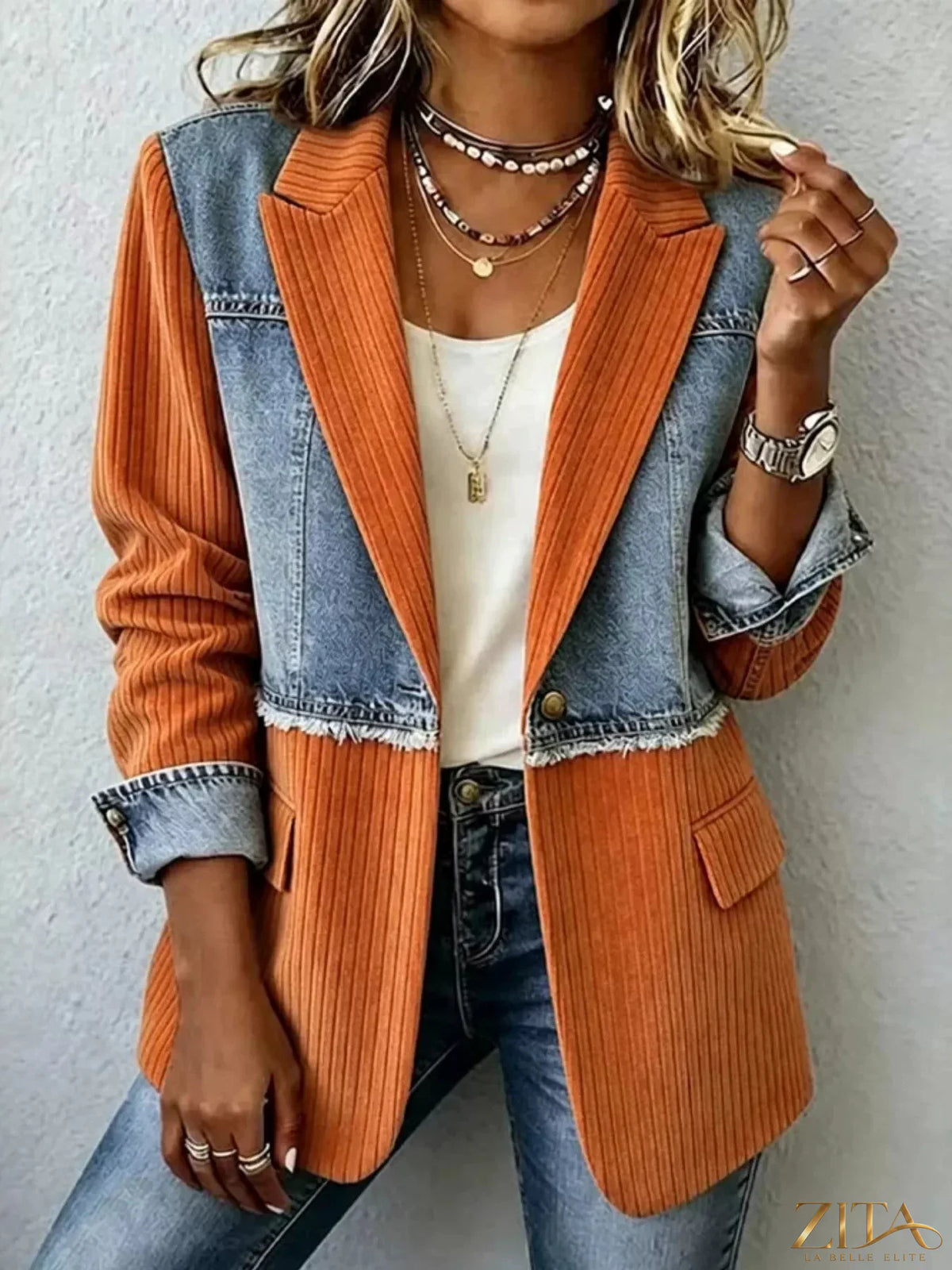 Plus size patchwork denim blazer with ribbed details from Zita La Belle Elite, featuring a stylish full-size design and classic collar.