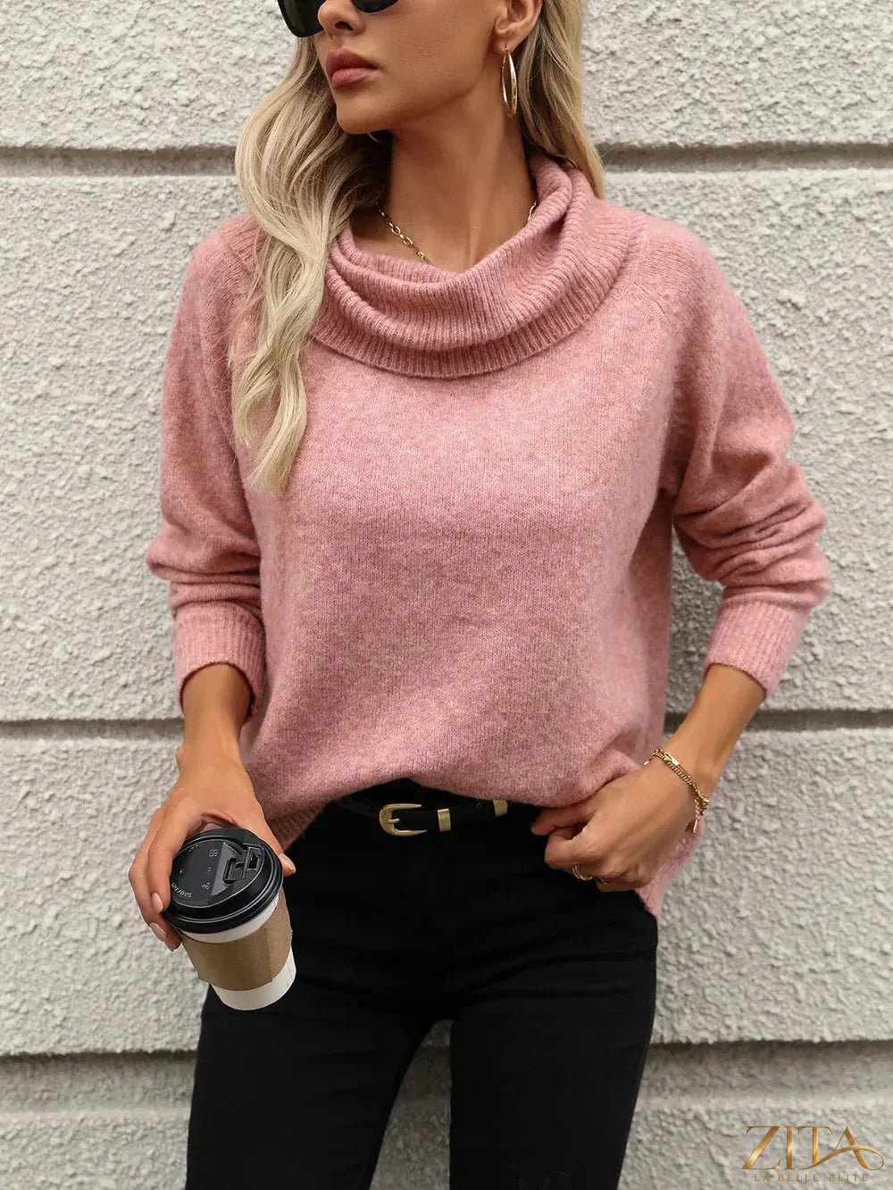 Trendsi turtleneck long sleeve sweater in cozy knit fabric, featuring a fitted design and classic style, shown in a neutral color.