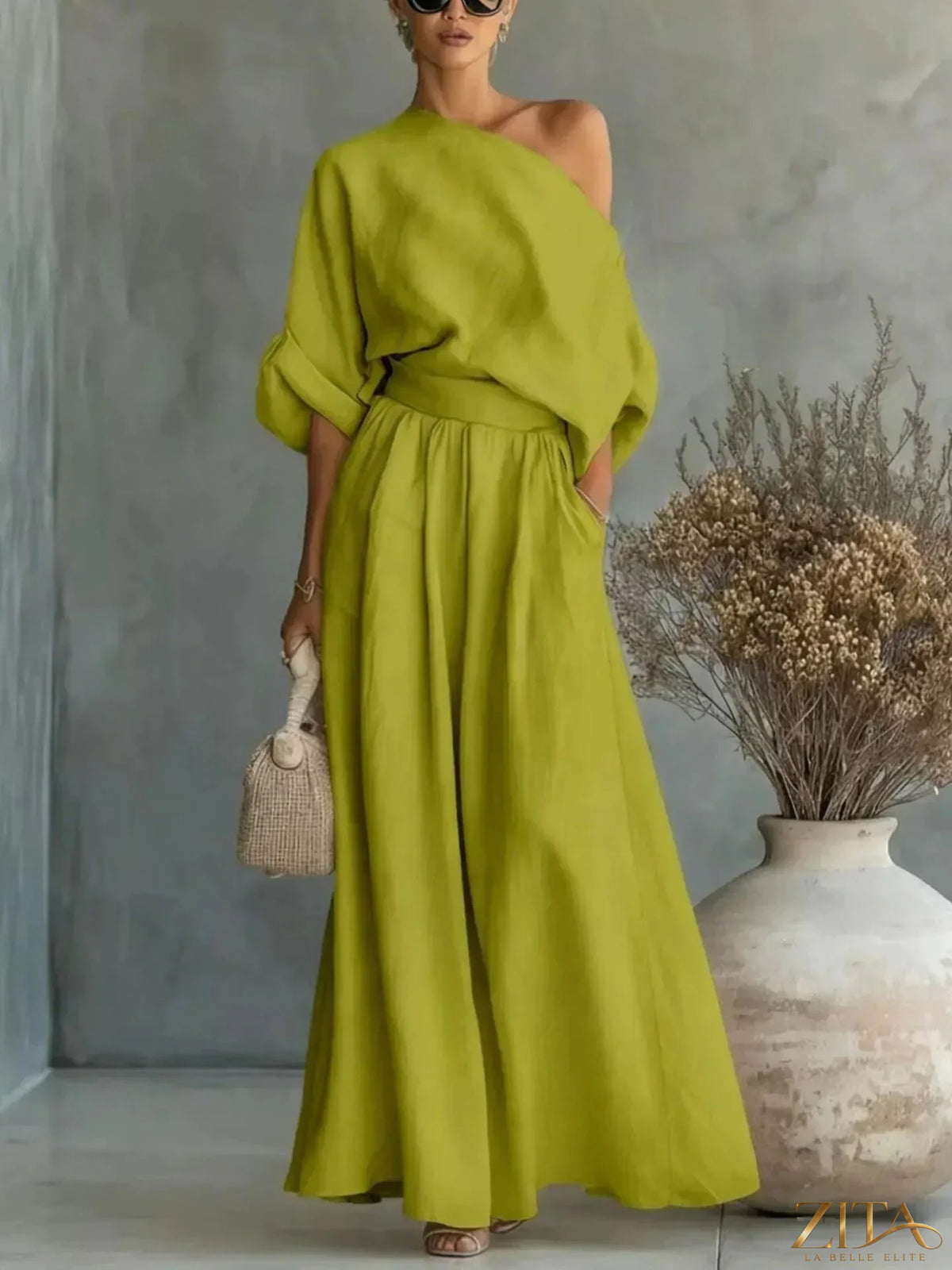 Plus size Zita La Belle Elite one-shoulder top and wide-leg pants set, stylish and comfortable fashion ensemble.