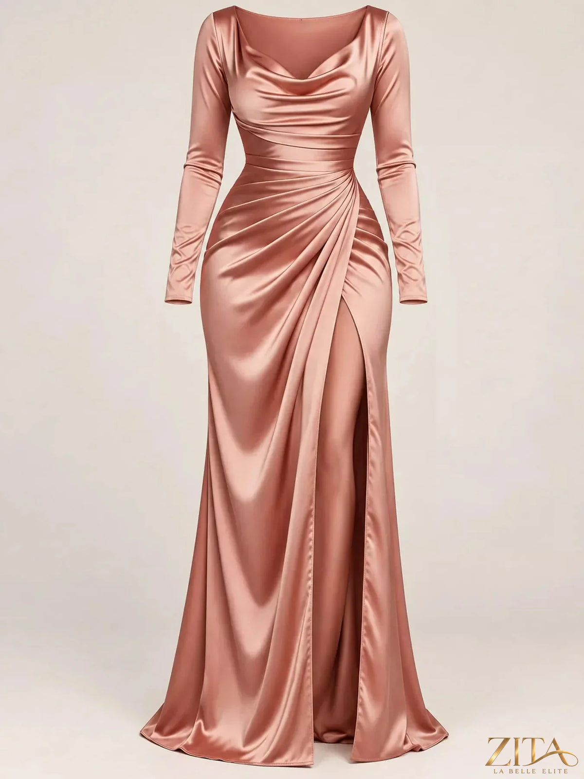 Plus size satin cowl neck evening maxi dress with high slit by Zita La Belle Elite, featuring a flowing silhouette and elegant design.