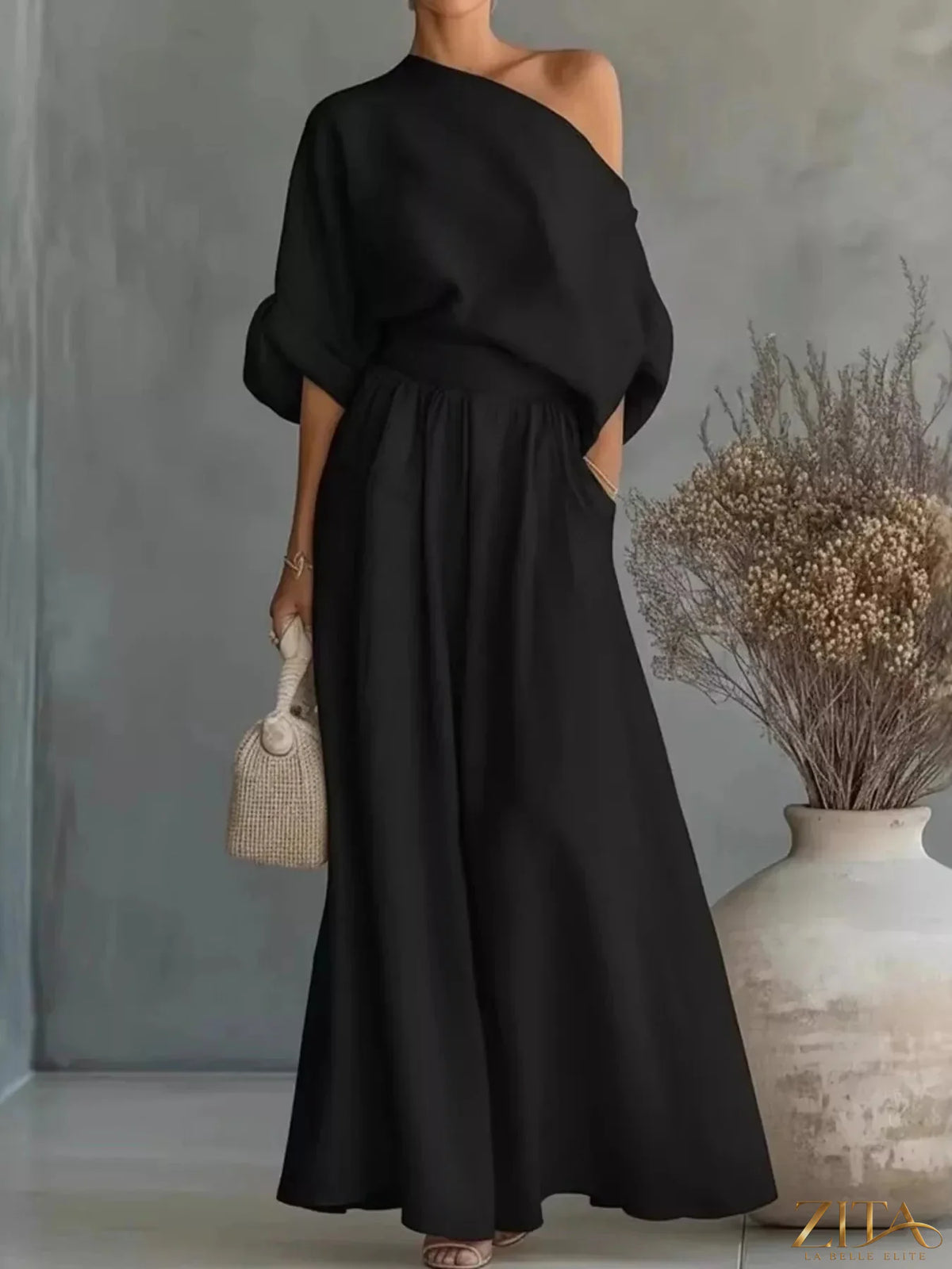 Plus size Zita La Belle Elite one-shoulder top with wide-leg pants set, stylish and comfortable full-body outfit.