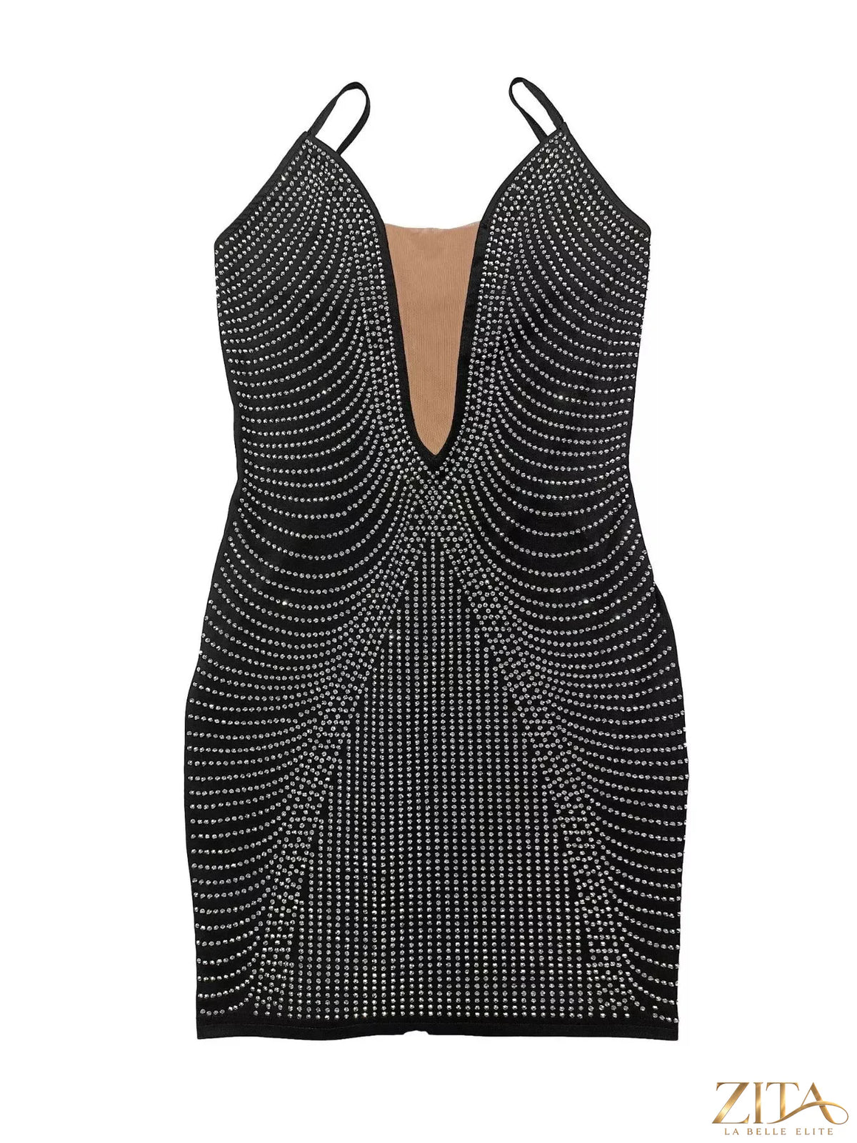 Shimmery rhinestone spaghetti strap mini dress from Trendsi featuring a fitted silhouette and sparkling embellishments.