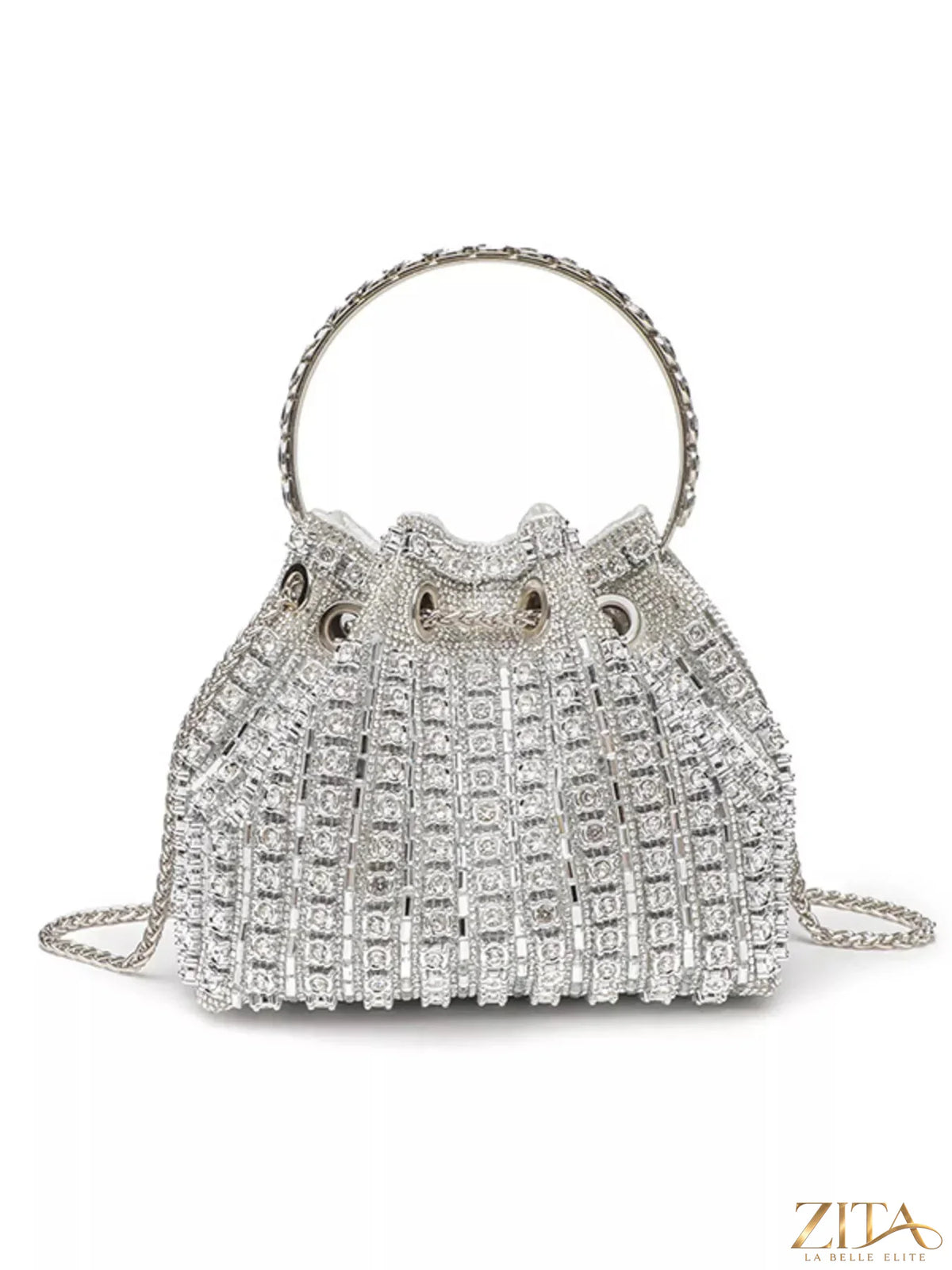 Zita La Belle Elite holiday party rhinestone embellished bucket crossbody handbag with sparkling details and chain strap.