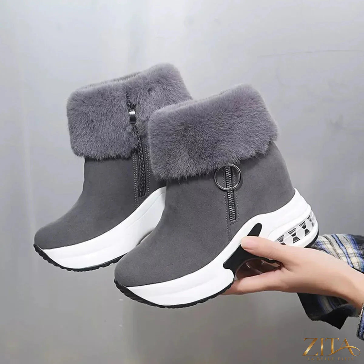 Zita La Belle Elite fuzzy side zipper platform ankle boots with chunky heels and black faux fur detailing.