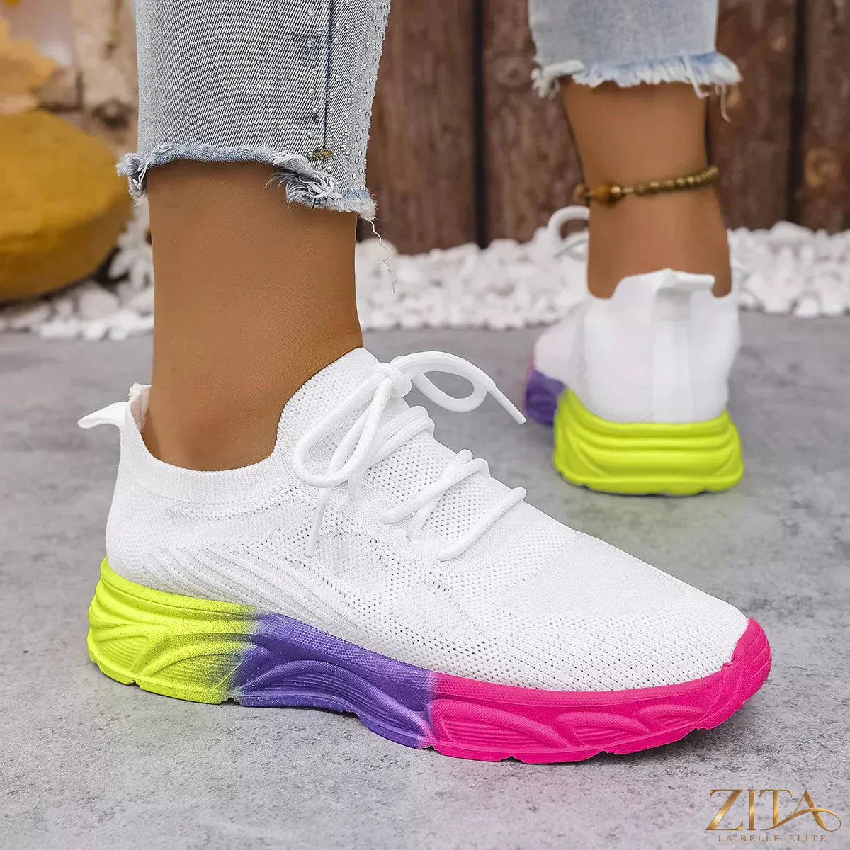 Zita La Belle Elite lace-up round toe sneakers with white canvas and rubber soles, stylish casual footwear for women