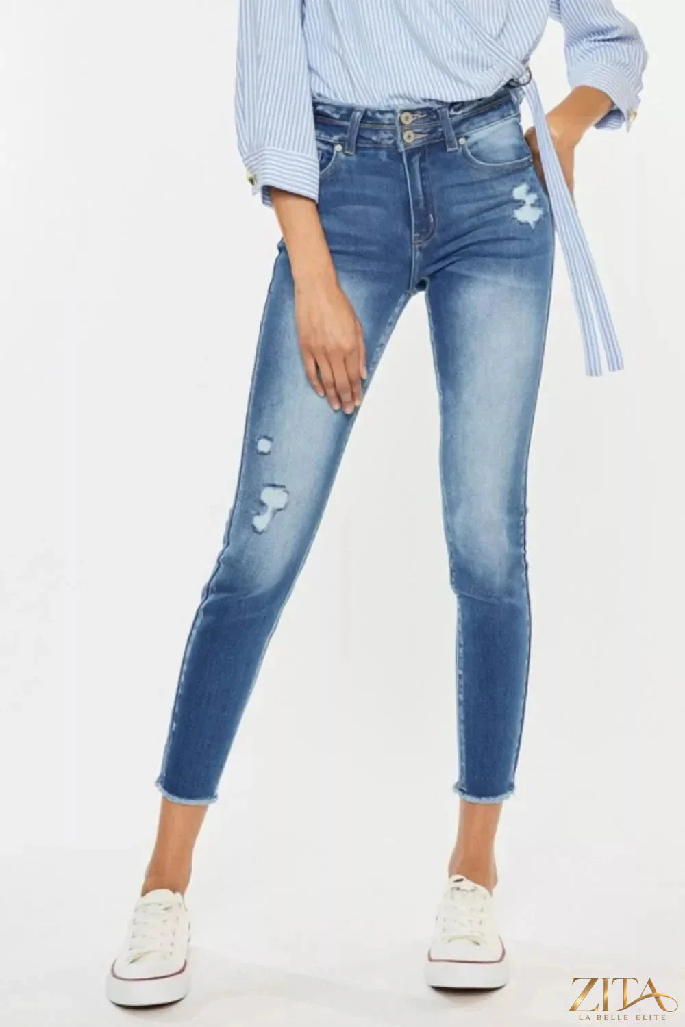 Zita La Belle Elite Kancan distressed raw hem high waist jeans, light wash denim with frayed hem and distressed details.